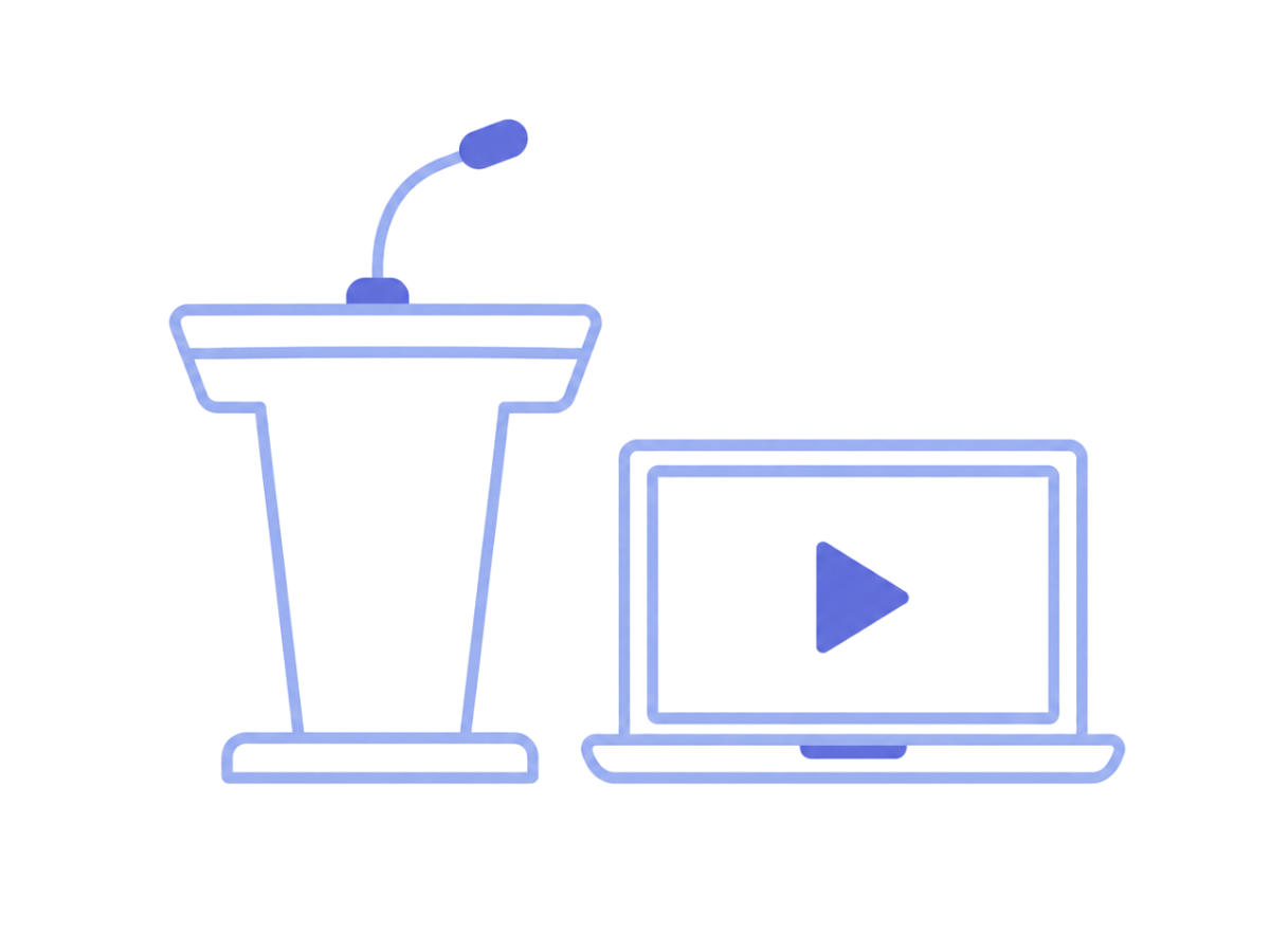 Minimal illustration of a lectern with a gooseneck microphone beside an open laptop displaying a play button, representing live presentations, virtual training, and educational content.