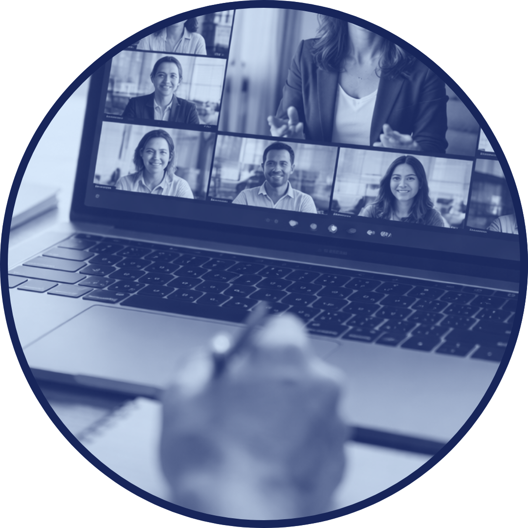 Laptop screen showing a live virtual training with multiple participants in a video grid.