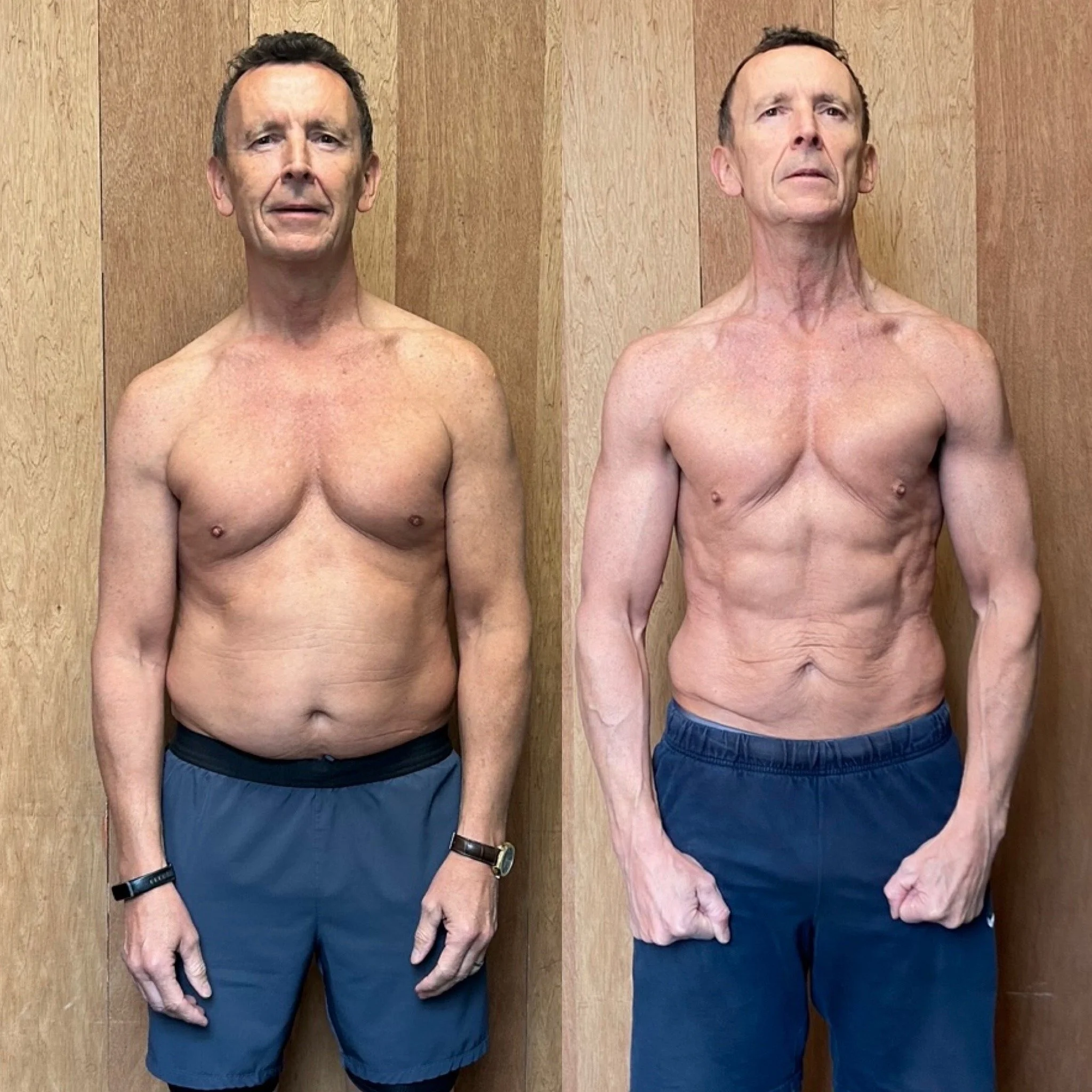 Side-by-side photos of a shirtless older man before and after a physical transformation, standing against a wooden background, wearing blue shorts, with a watch and bracelet on his left wrist.