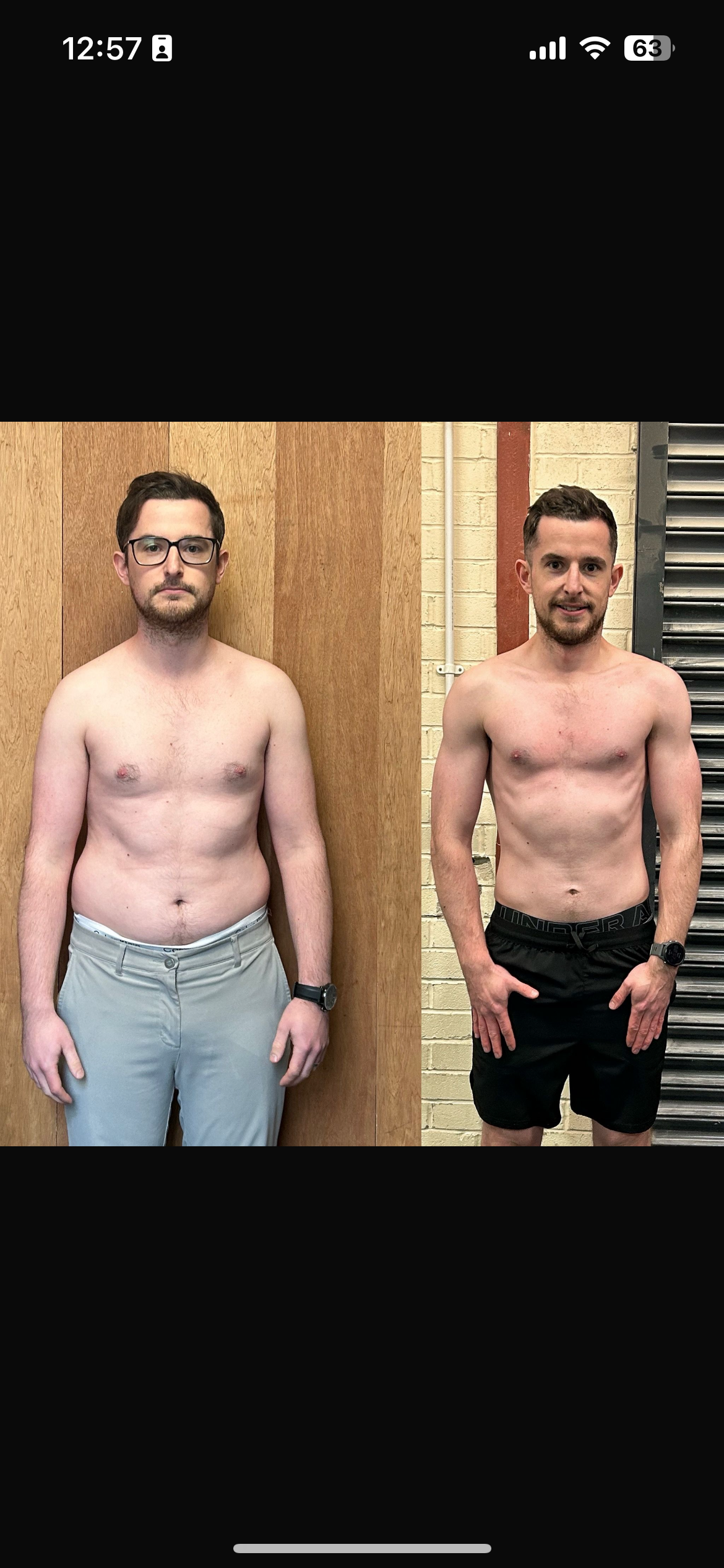Comparison of two shirtless men standing against different backgrounds, showing physical transformation; the man on the left has a fuller build, while the man on the right has a leaner, more muscular physique.