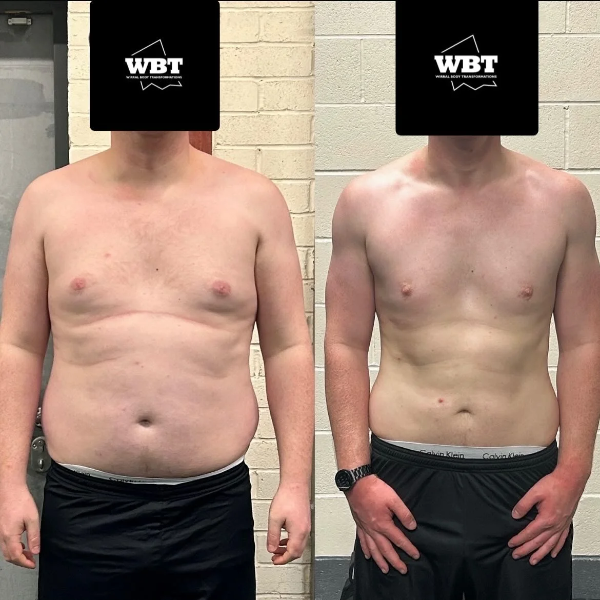 Before and after photos of a shirtless man showing body transformation, with the left image depicting a heavier physique and the right image showing a slimmer, more toned physique.