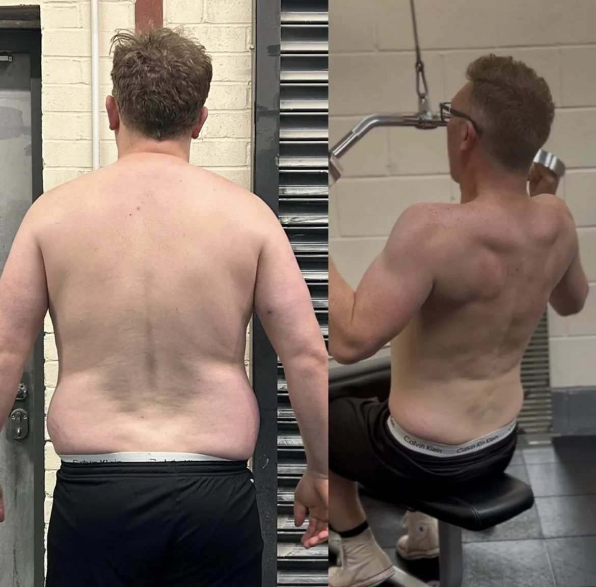 Side-by-side comparison of a shirtless man with brown hair before and after weight loss, showing his back in a gym setting.