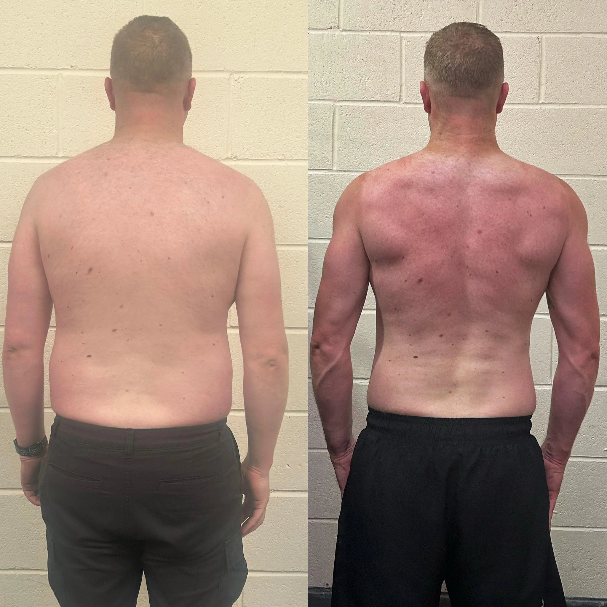 Comparison of a man's back before and after weight loss or fitness transformation, showing change in body shape and size.