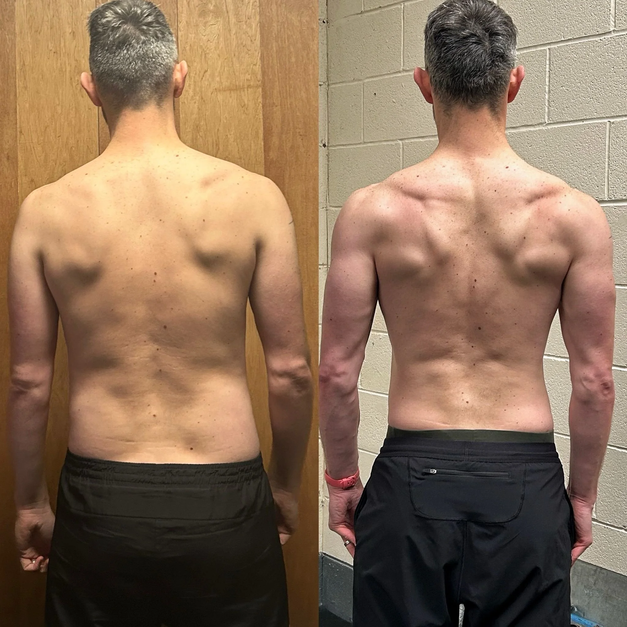 Side-by-side comparison of a man's back before and after hair transformation, showing shorter, lighter hair on the left and longer, darker hair on the right.