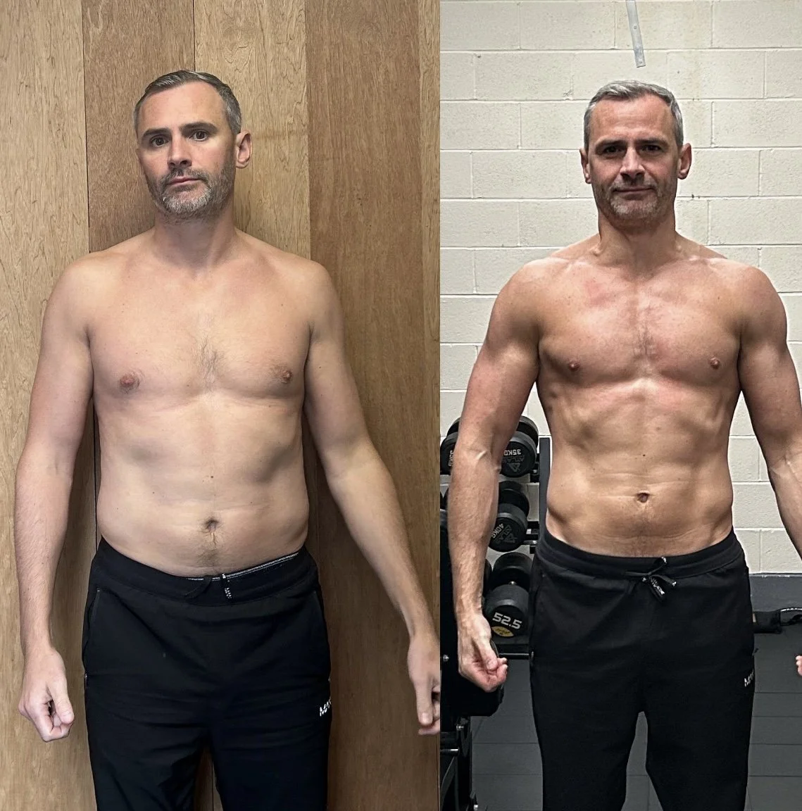 Side-by-side comparison of a middle-aged man with short gray hair, showing his physical transformation. On the left, he is shirtless, with some body fat and less muscle definition, standing in front of a wooden background. On the right, he is shirtle