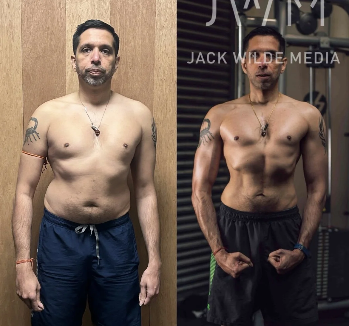 Side-by-side comparison of a shirtless man before and after fitness transformation, with the right photo taken in a gym with gym equipment in the background.