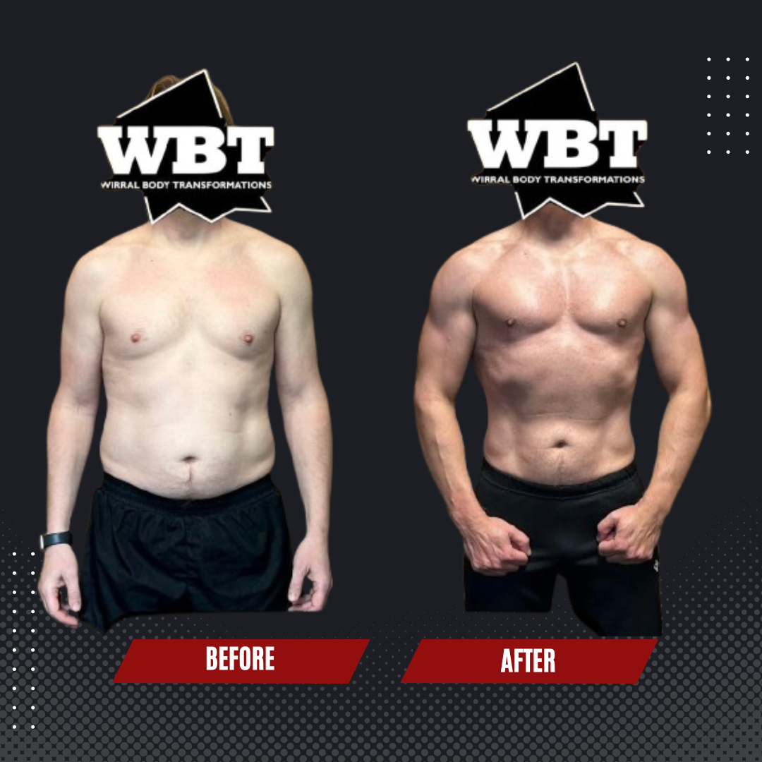 Comparison of a man's physique before and after a fitness transformation, with the logo 'WBT' and text 'VIRAL BODY TRANSFORMATIONS' at the top, and 'BEFORE' and 'AFTER' labels at the bottom.