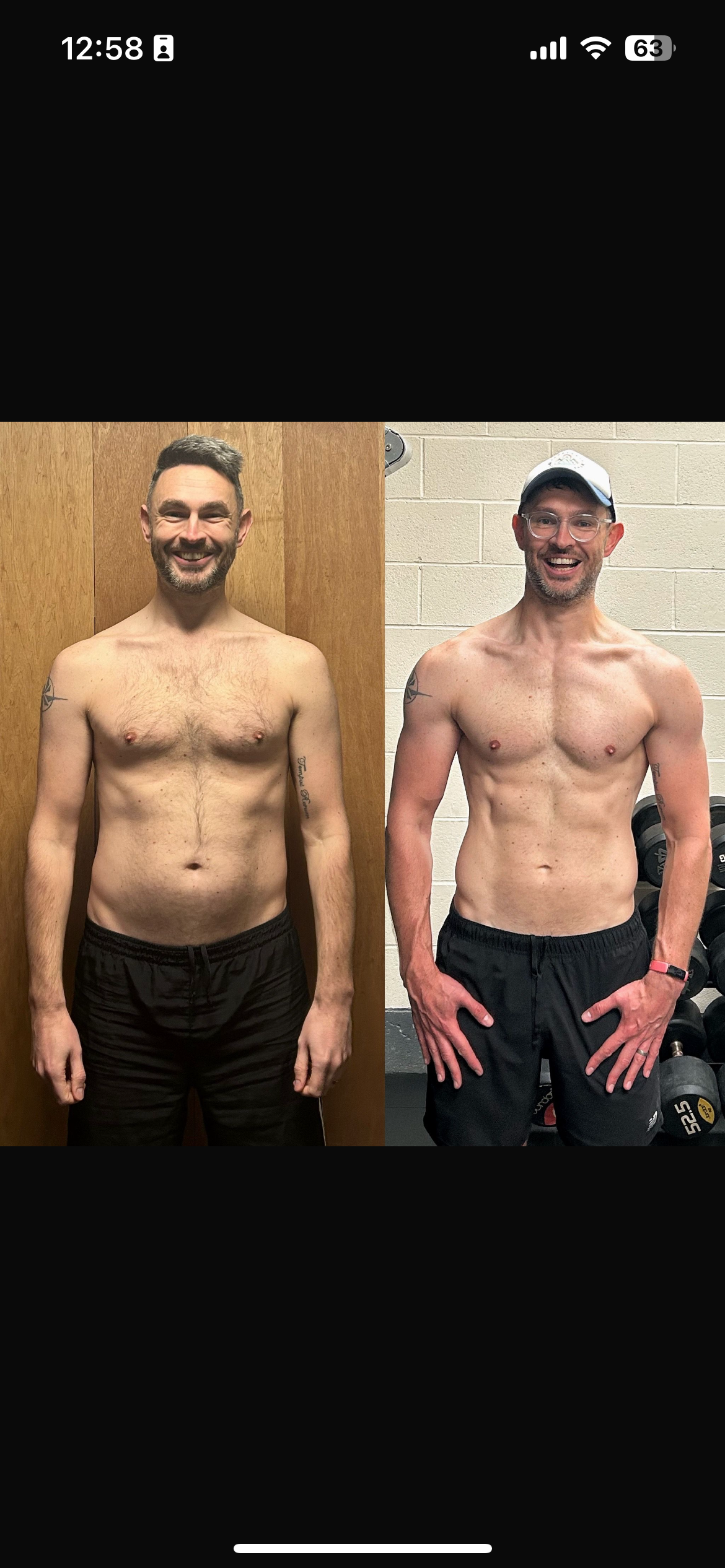 Side-by-side photos of a fit man shirtless, smiling, showing body transformation progress; left photo shows earlier state, right photo shows after workout regimen.