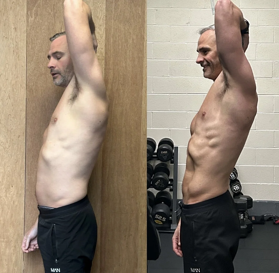 Side-by-side comparison photo of a middle-aged man before and after fitness journey. In the before photo, he has a relaxed posture with noticeable belly fat. In the after photo, he looks fit with visible abdominal muscles, standing in a gym environme