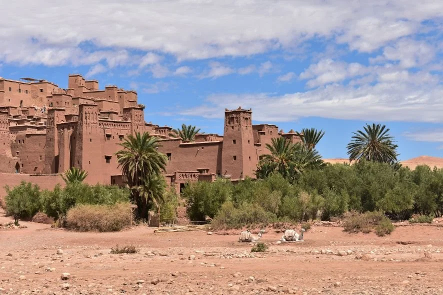 A desert landscape with a traditional mud brick ksar or fortified village, surrounded by palm trees and shrubbery, under a blue sky with scattered clouds.