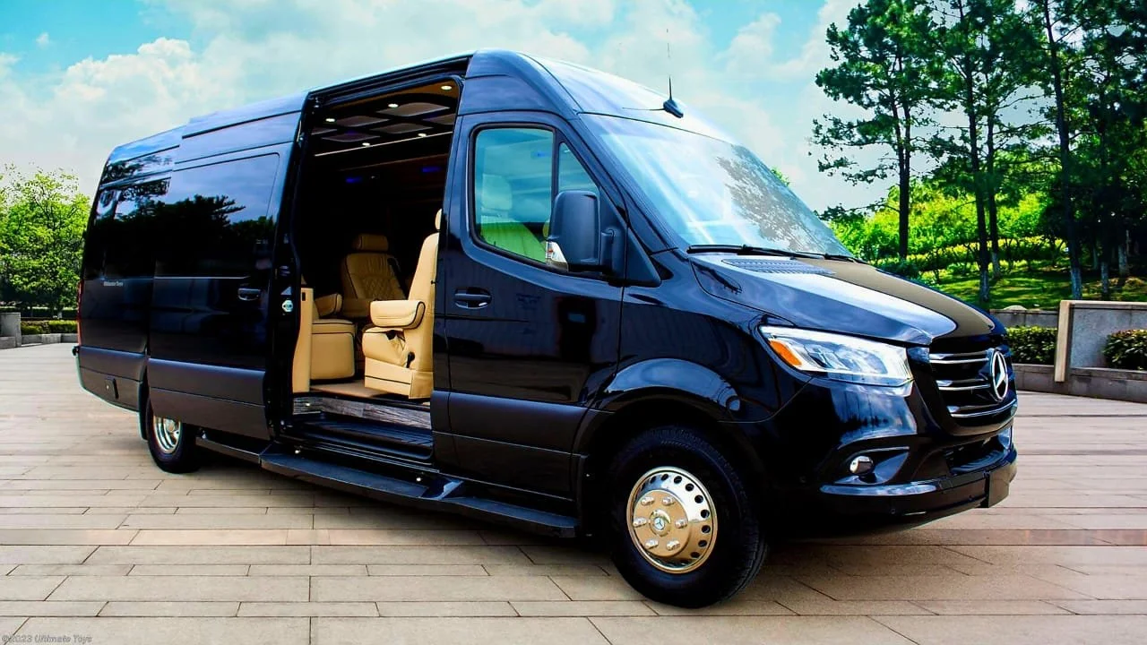 A black Mercedes-Benz passenger van with the sliding door open, revealing tan leather interior seats, parked on a paved area outdoors with trees and a partly cloudy sky in the background.