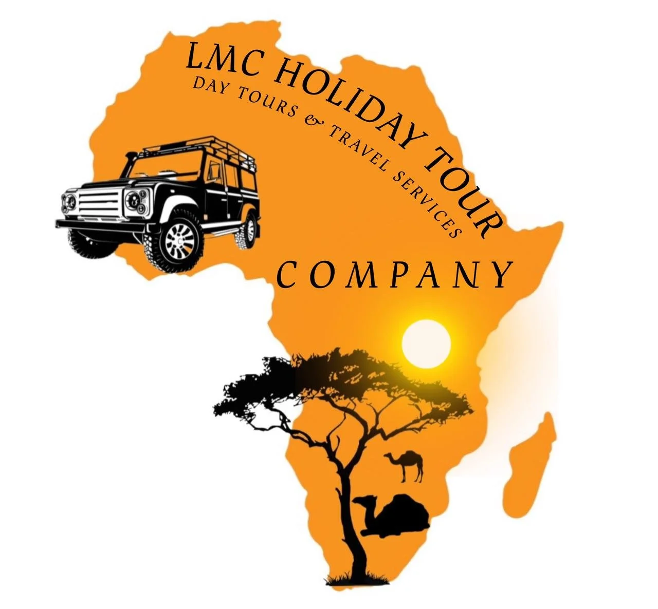 A map of Africa with an overlaid silhouette of a safari vehicle, an acacia tree, a camel, and a sun, advertising LMC Holiday Tour Company with text about day tours and travel services.