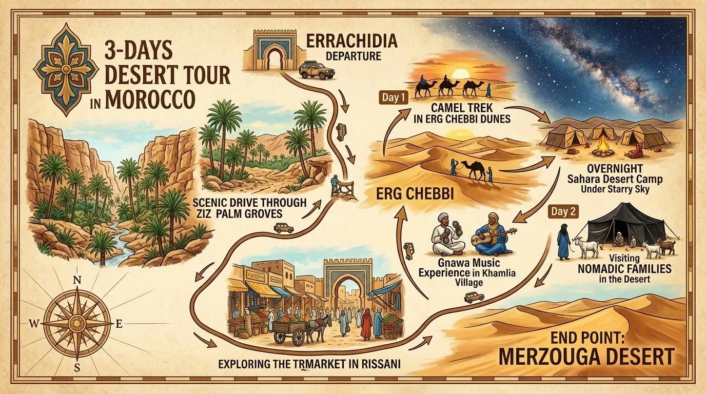 Day 1: Errachidia Airport → Erfoud → Merzouga (Erg Chebbi)  Pickup: Arrive at Errachidia Moulay Ali Cherif Airport and meet your driver.  Drive & Stop: Scenic drive through the Ziz Valley, stopping in