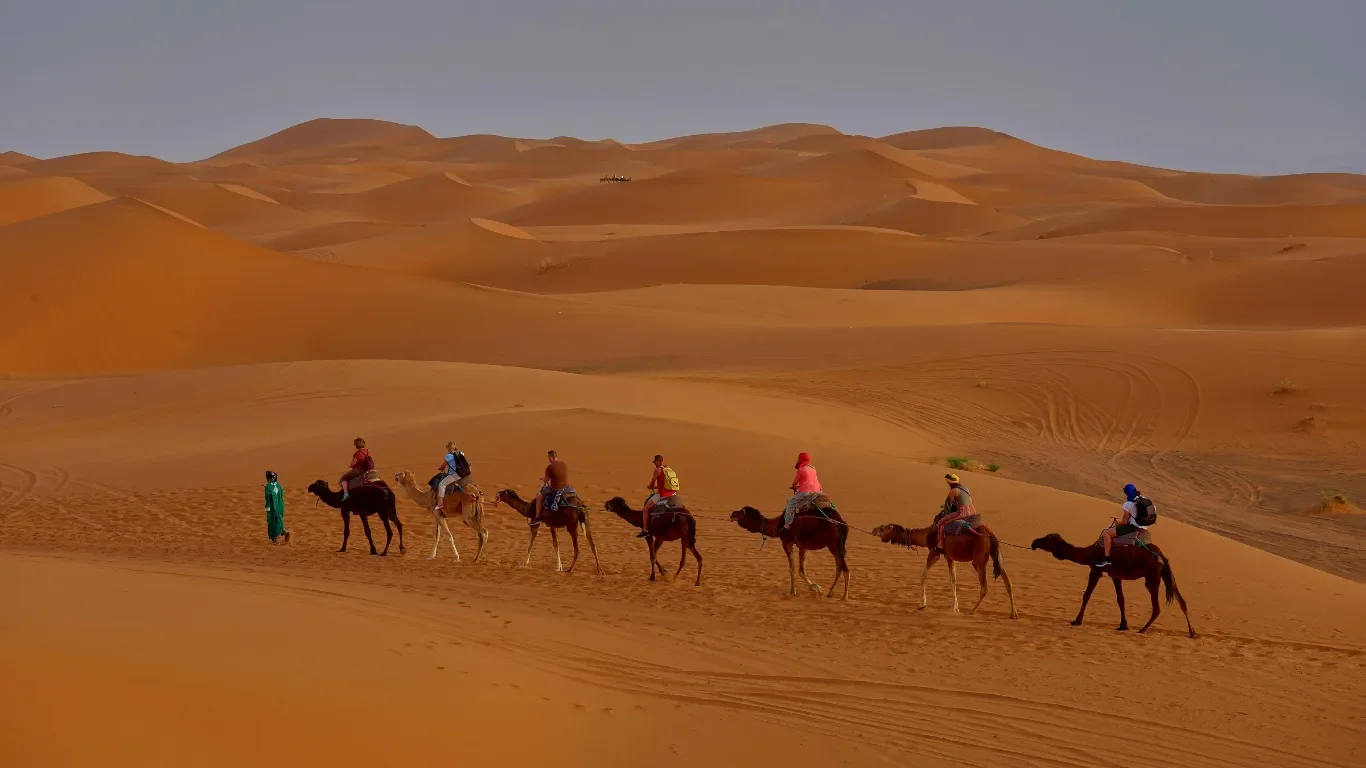 Group of people riding camels in the desert with sand dunes in the background.