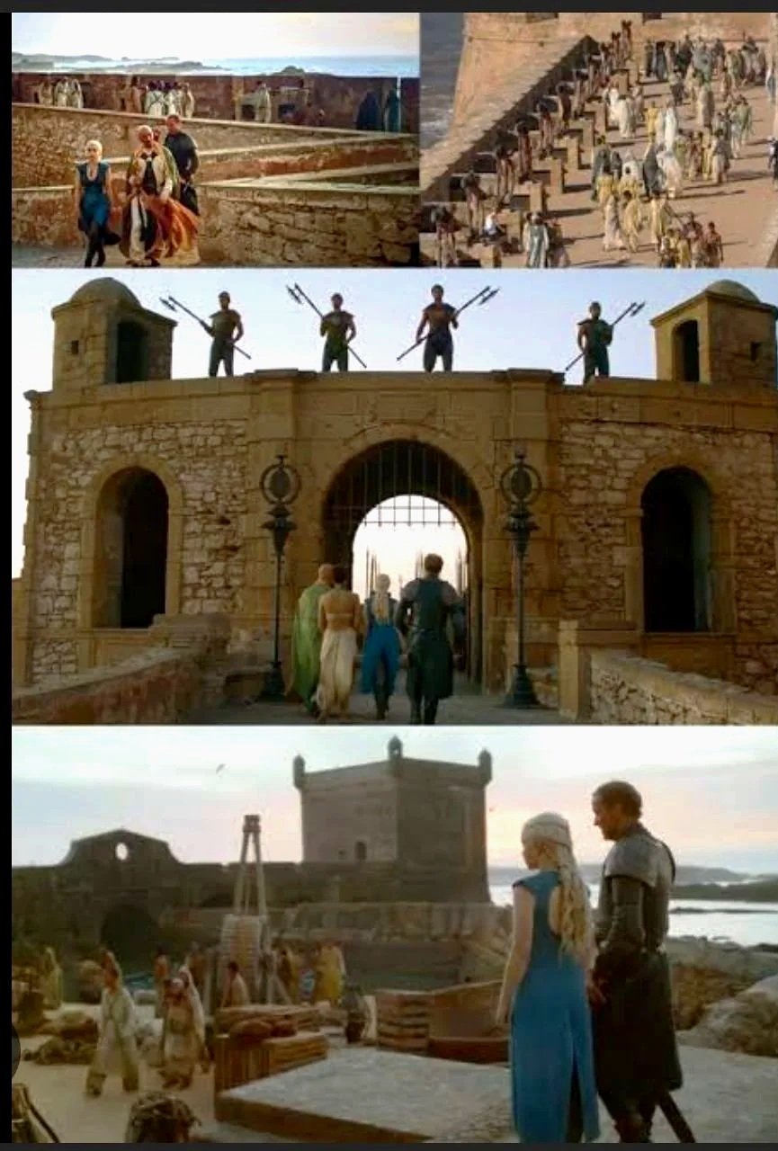 Scenes from a medieval or fantasy setting featuring people in period costumes, including soldiers with weapons and groups walking through fortress gates near the sea.