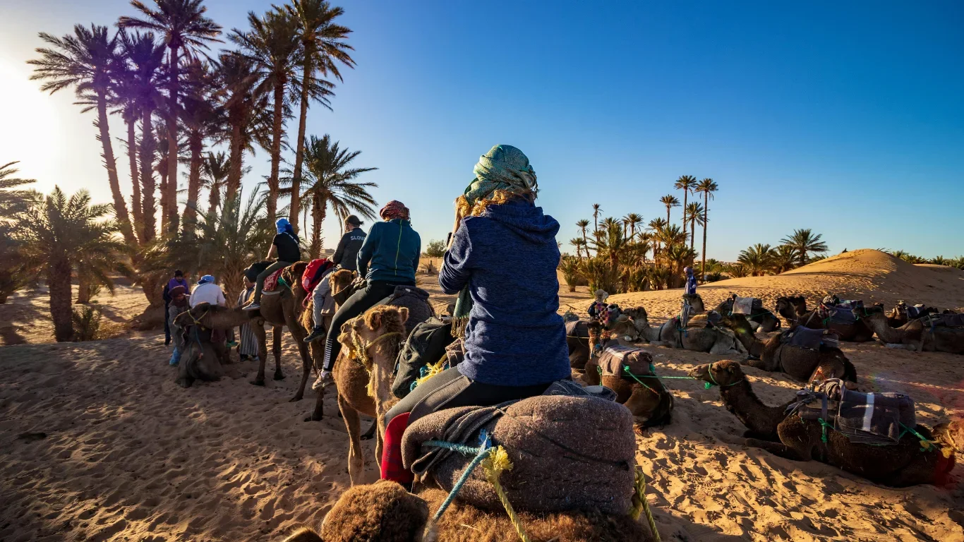 Group of people riding camels through a desert landscape with palm trees and sand dunes, under a clear blue sky.