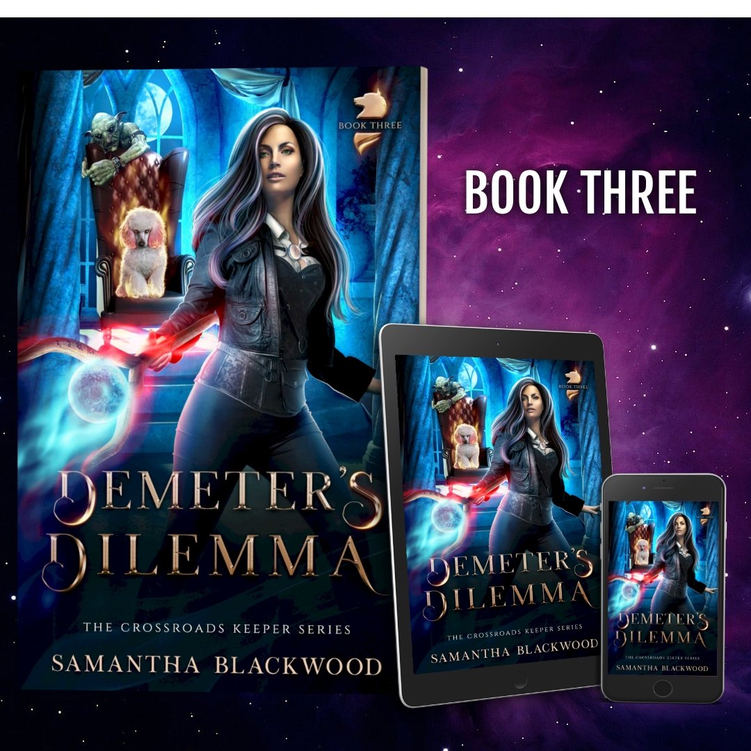 Book cover for 'Demeter's Dilemma' by Samantha Blackwood, shown on a large display, a tablet, and a phone, with a background of an ancient Greek temple illuminated at night.