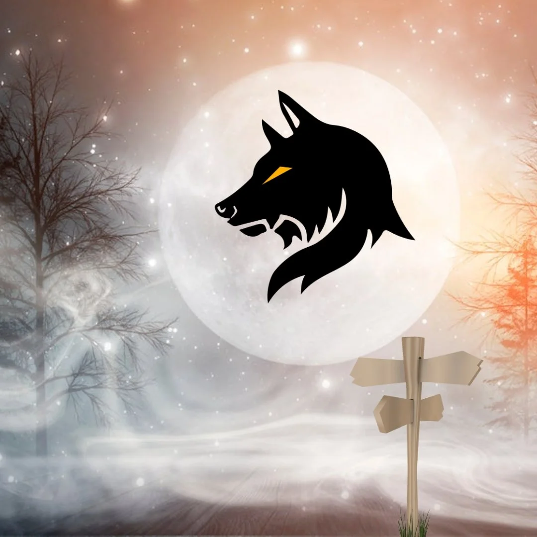 A digital artwork depicting a full moon in the night sky with two leafless trees on either side and a signpost with three directional arrows in the foreground. A large, black wolf head silhouette with yellow eyes is centered in front of the moon.