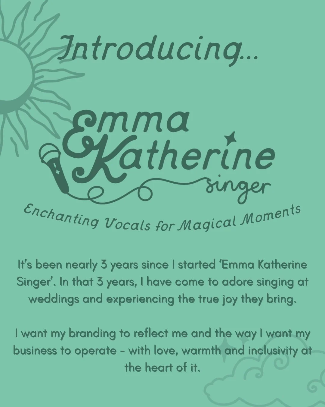 Here it is! The reinvented Emma Katherine Singer ✨💚

I am thrilled to share my new branding with you all! It feels so much more ME, and has me even more excited than ever to keep building this business and singing for even more of your beautiful wed