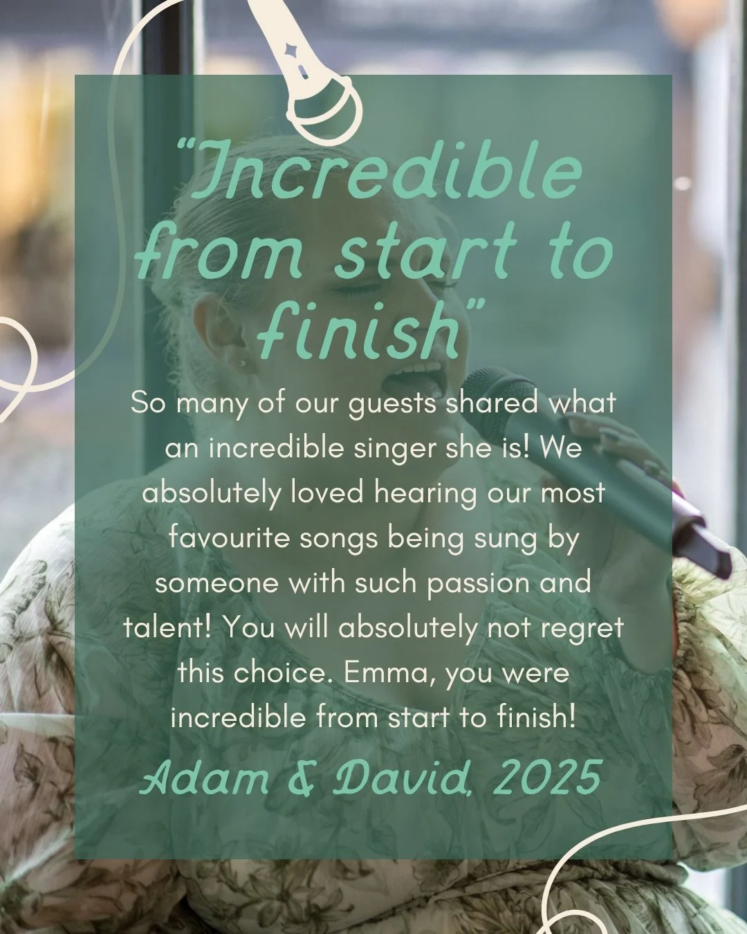 "Incredible from start to finish" 🥹

Words like this mean the world. It is genuinely so special to be able to sing at your weddings and sing the songs you love 🥰 

Every to-be-wed is unique, and the music at their wedding should be too! T