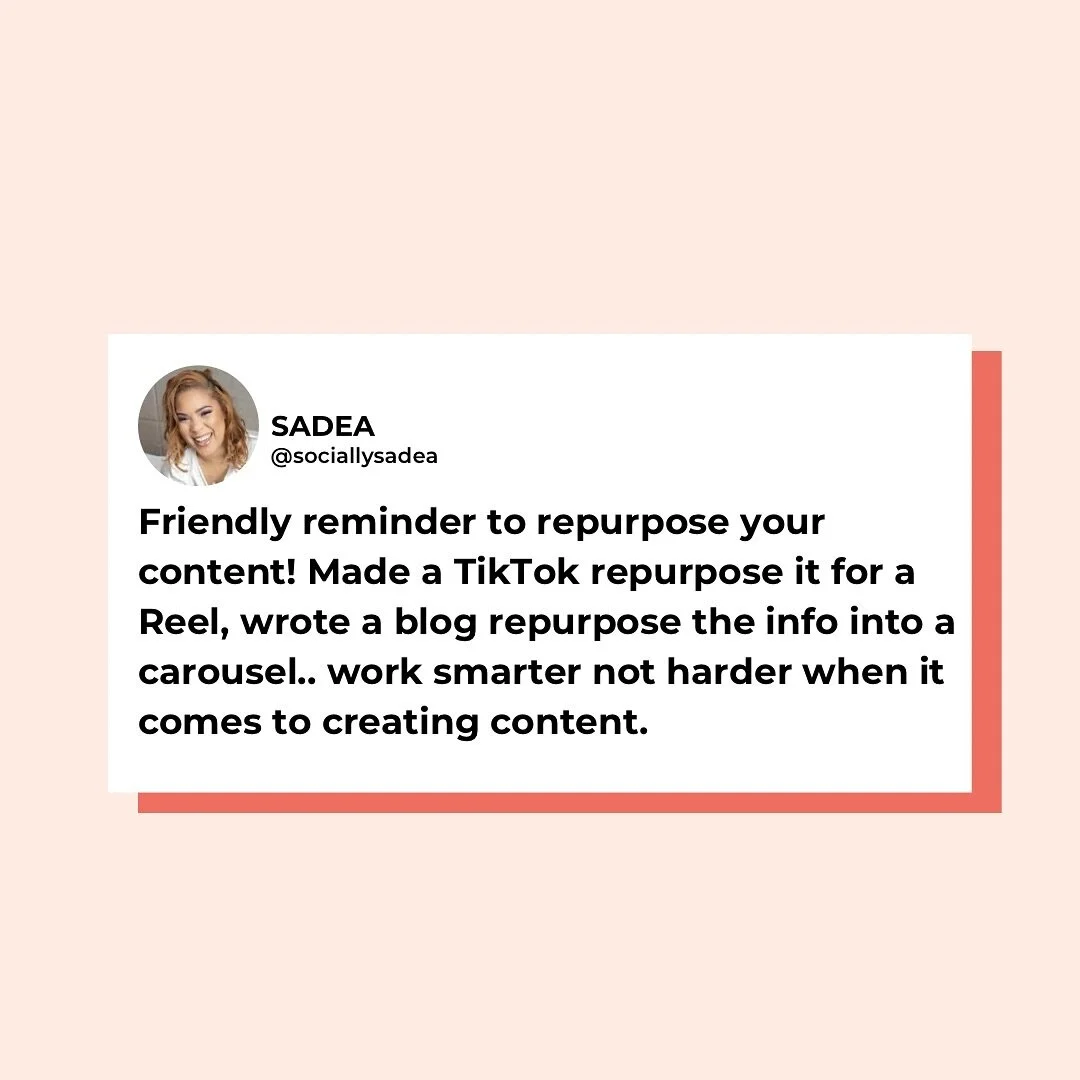 In 2024 we are working smarter and not harder! 🤩 One of my favorite time saving hacks is repurposing content. Made a video on TikTok repurpose it for reels, YouTube shorts. Wrote a blog turn it into a carousel or infographic maybe even a reel. You d