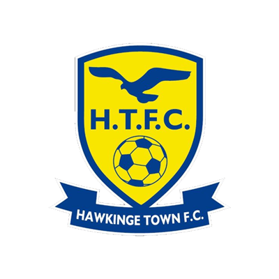 Hawkinge Town Football Club logo featuring a yellow shield with a blue border, a bird, and a soccer ball, with the team name and emblem.