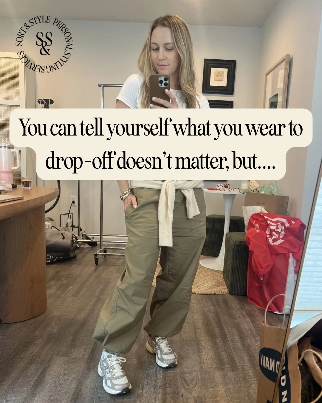 Ok plot twist - sometimes I look kind of crazy at drop off with wet hair and no makeup. But I always make it a point to change when I get home. 

Because what really matters is what you&rsquo;re wearing all day. 

What really matters is how your clot