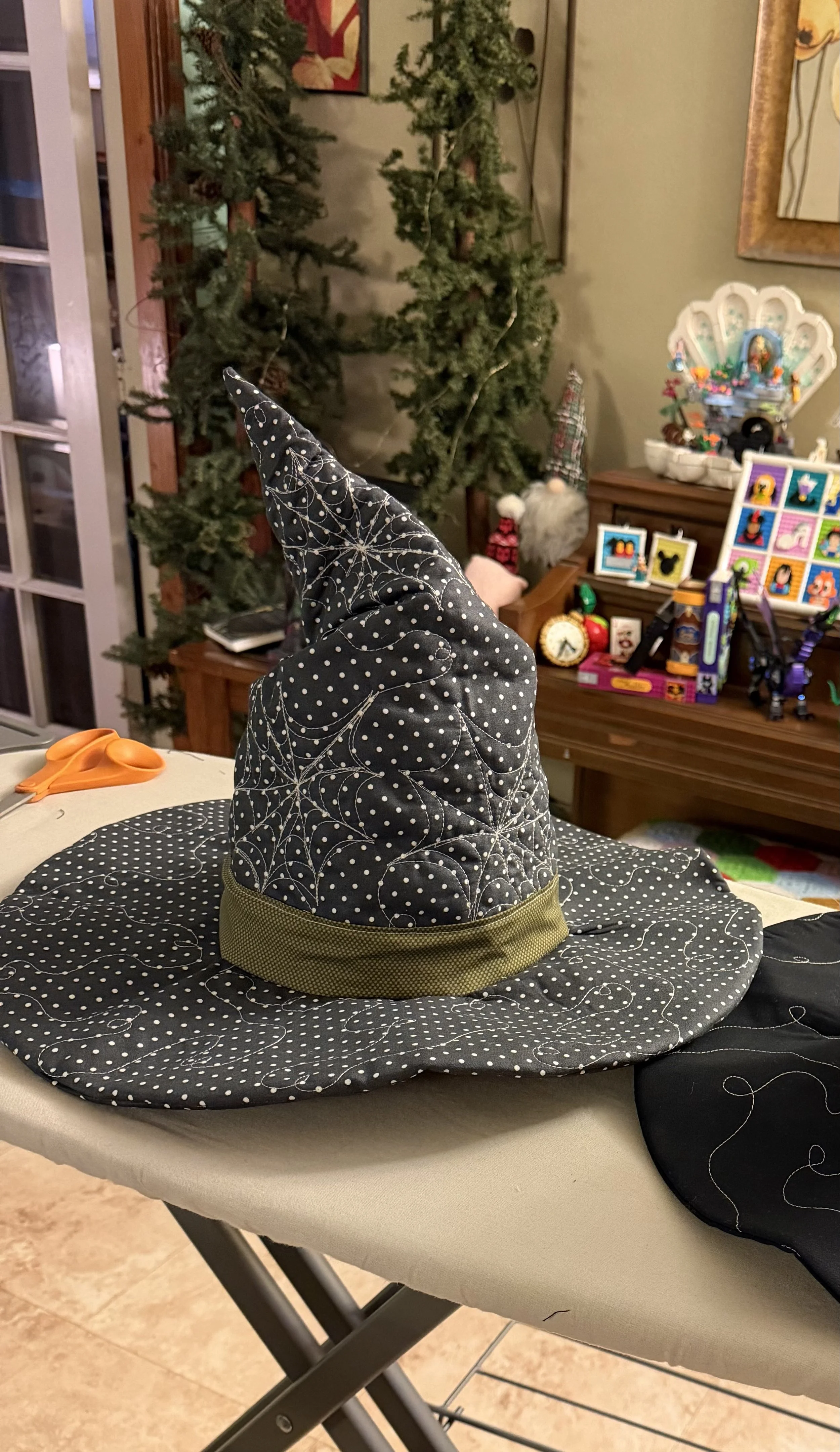 Spiderweb Quilted Witch Hat - Deep Green Polka Dot