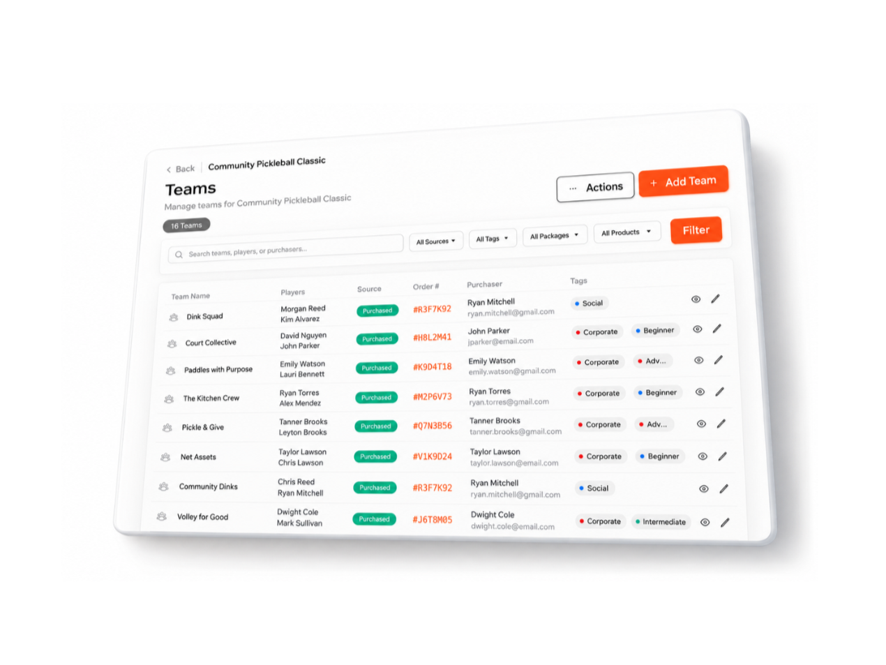 Pickleball tournament team registration and division management software