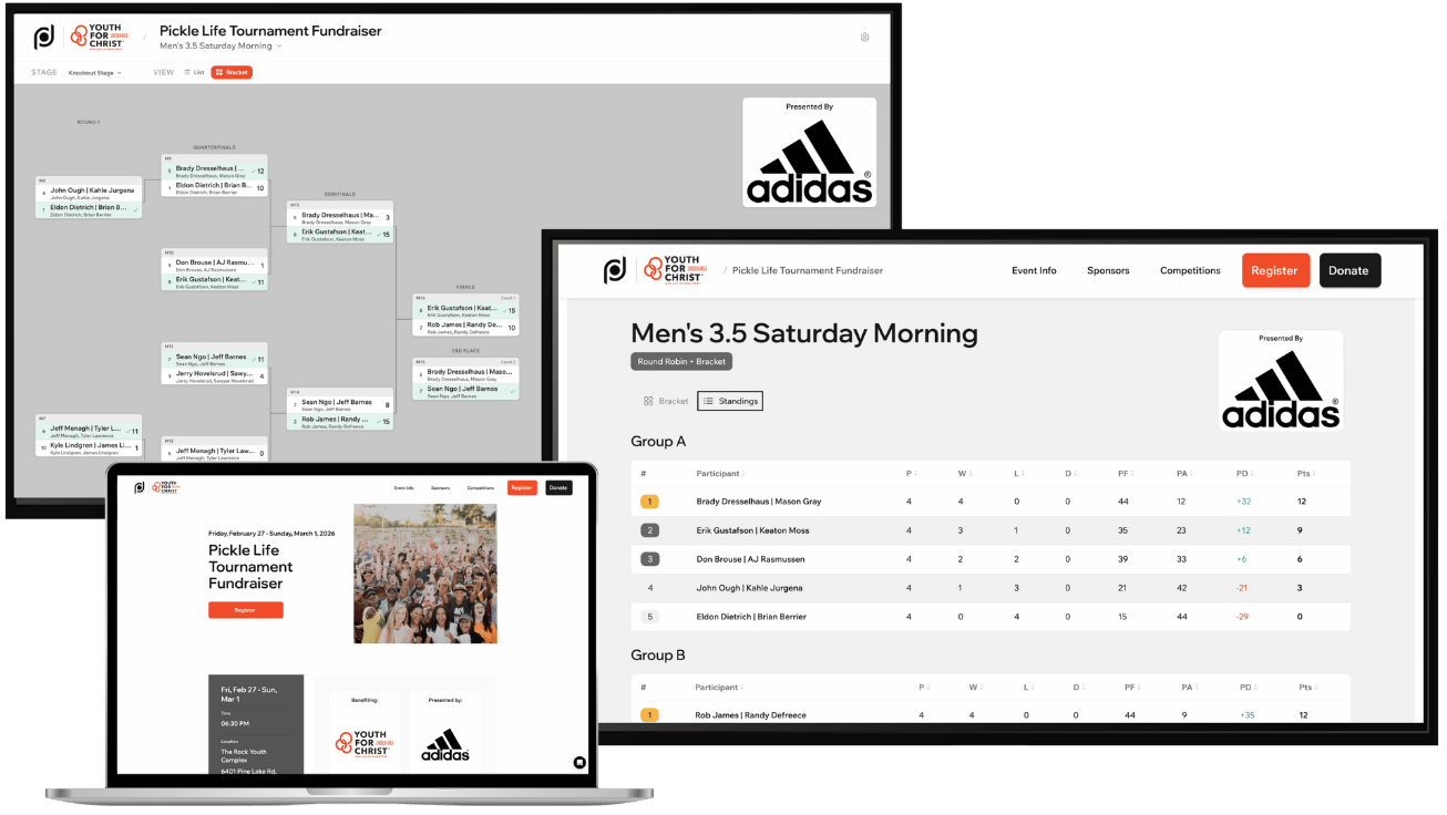 Three screens are shown. One of the tournament website, another of the tournament standings, another of the event's live bracket--all with a Technology Sponsor's logo prominently displayed.