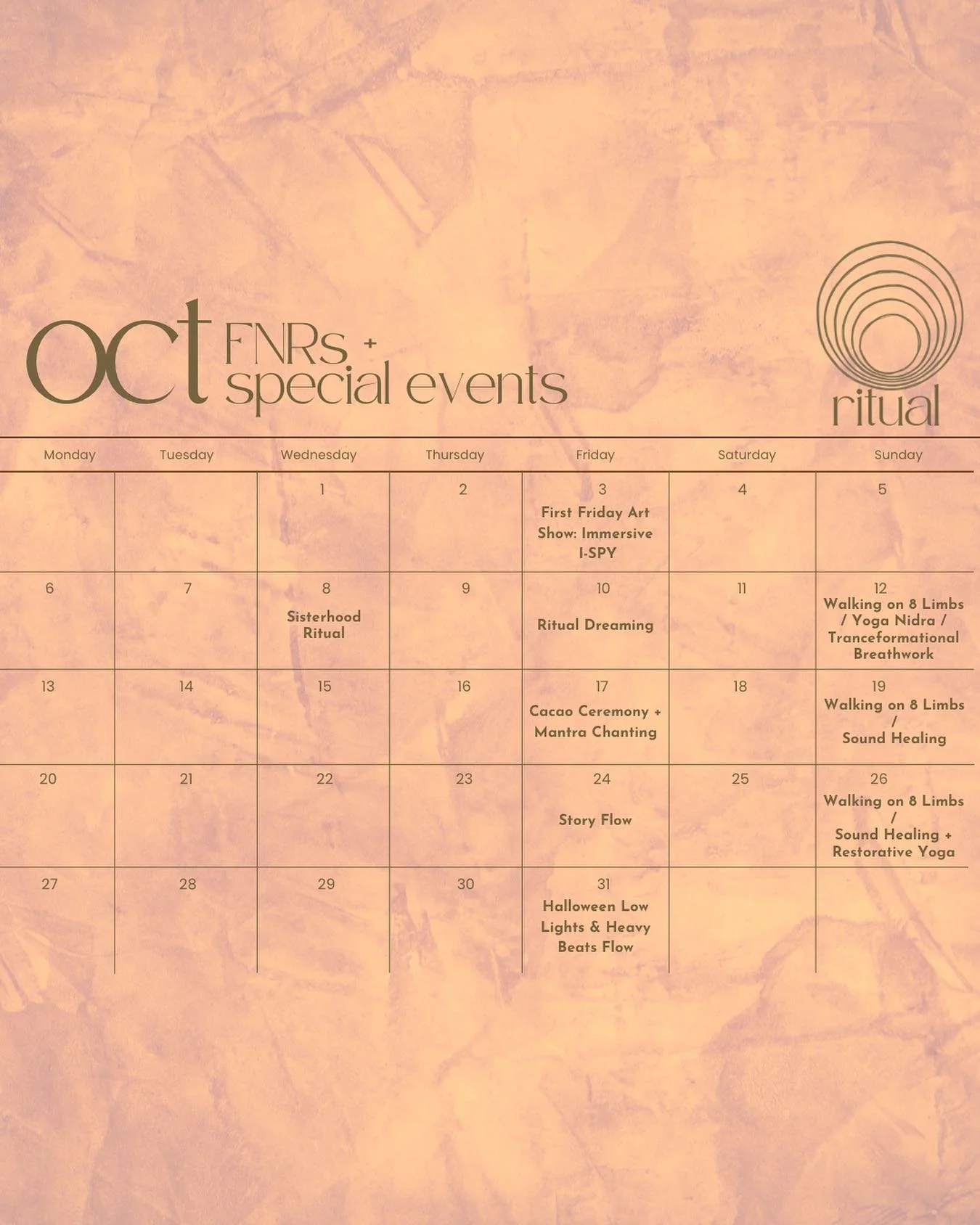 October at Ritual 🧡

October is a month where the veil begins to thin - a time where dreams grow more vivid and intuition feels closer. This season invites us to connect to our inner wisdom, imagination, and community.

We&rsquo;re so excited for ou