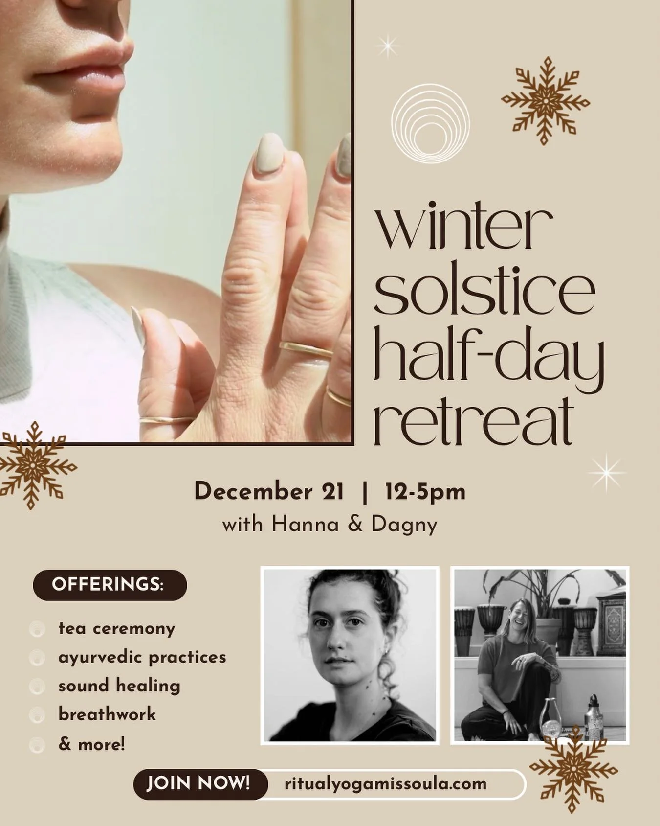 Step into the quiet magic of the Winter Solstice at Ritual ❄️

On December 21 from 12-5pm, join Hanna &amp; Dagny for a half-day retreat designed to honor the darkest night of the year through grounded practices, seasonal wisdom, and deep rest.

We&r