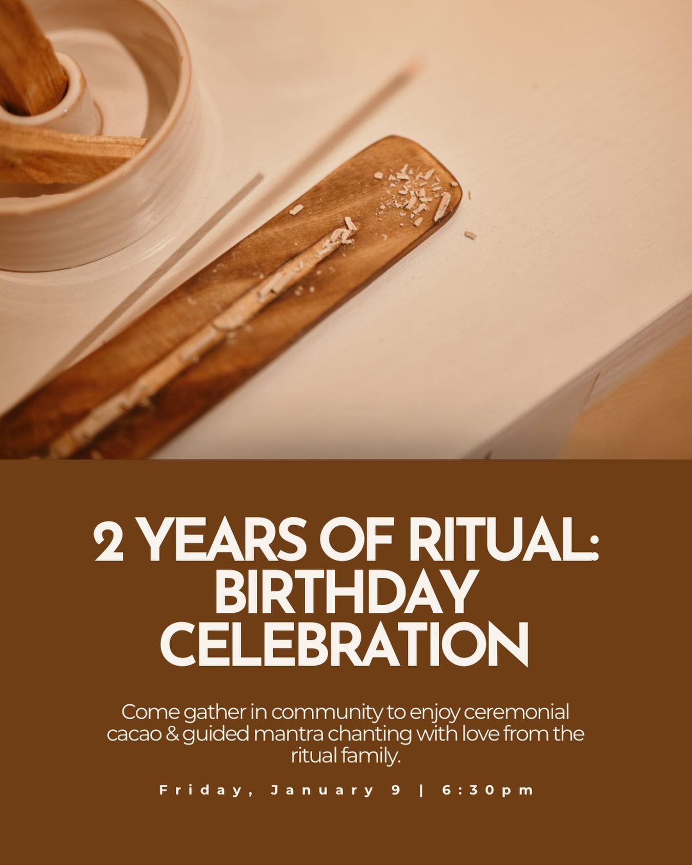 Ritual is turning TWO ✨

Join us this Friday, January 9 from 6:30-8pm for ceremonial cacao, guided mantra chanting, and a heartfelt community gathering.

We&rsquo;re celebrating the community that makes this space so special.

What makes this place f