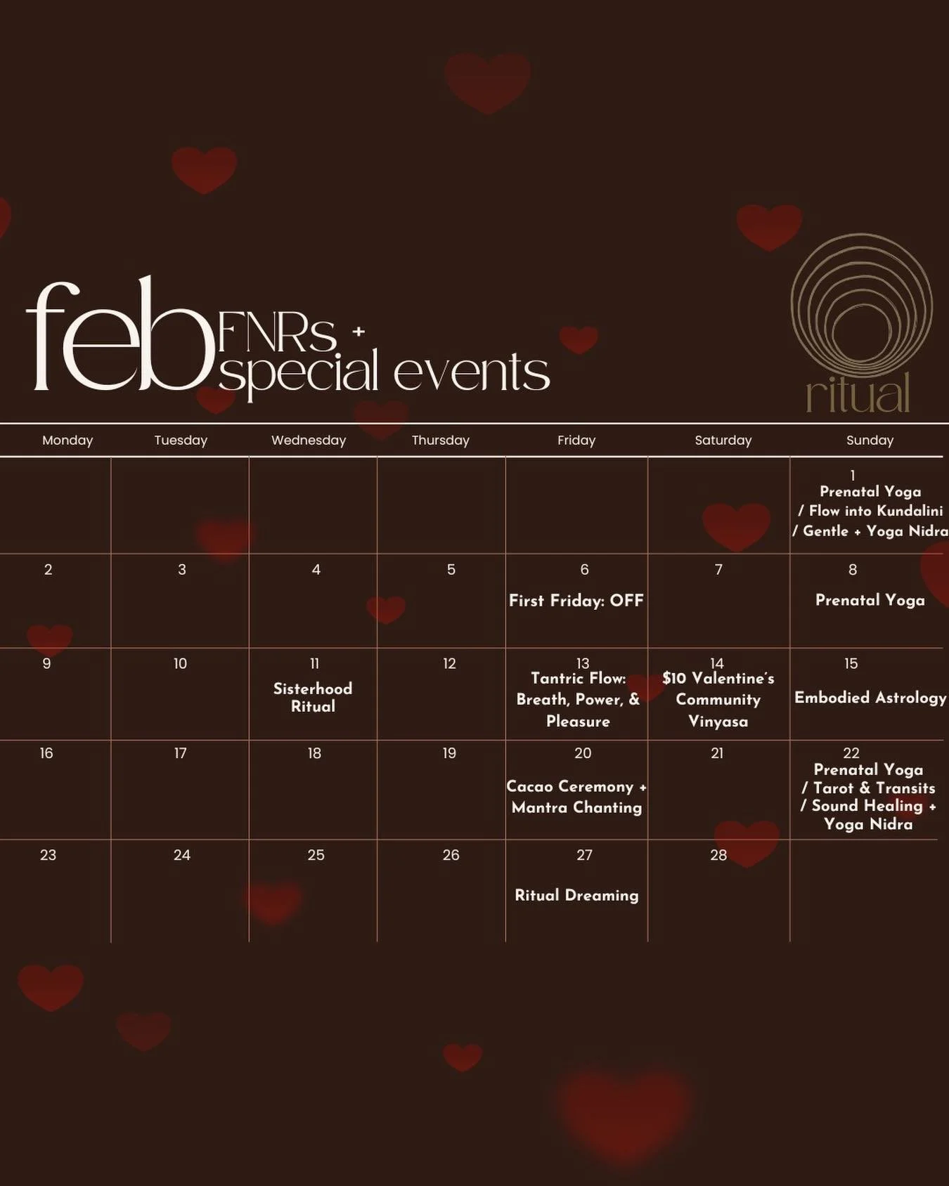 February is here! ❤️&zwj;🔥

Treat yourself to movement, mindfulness, and moments of self-love with this month&rsquo;s FNR&rsquo;s &amp; special events.

Your mat is waiting - where will you start?

#yoga #february #specialevents #community #ritual