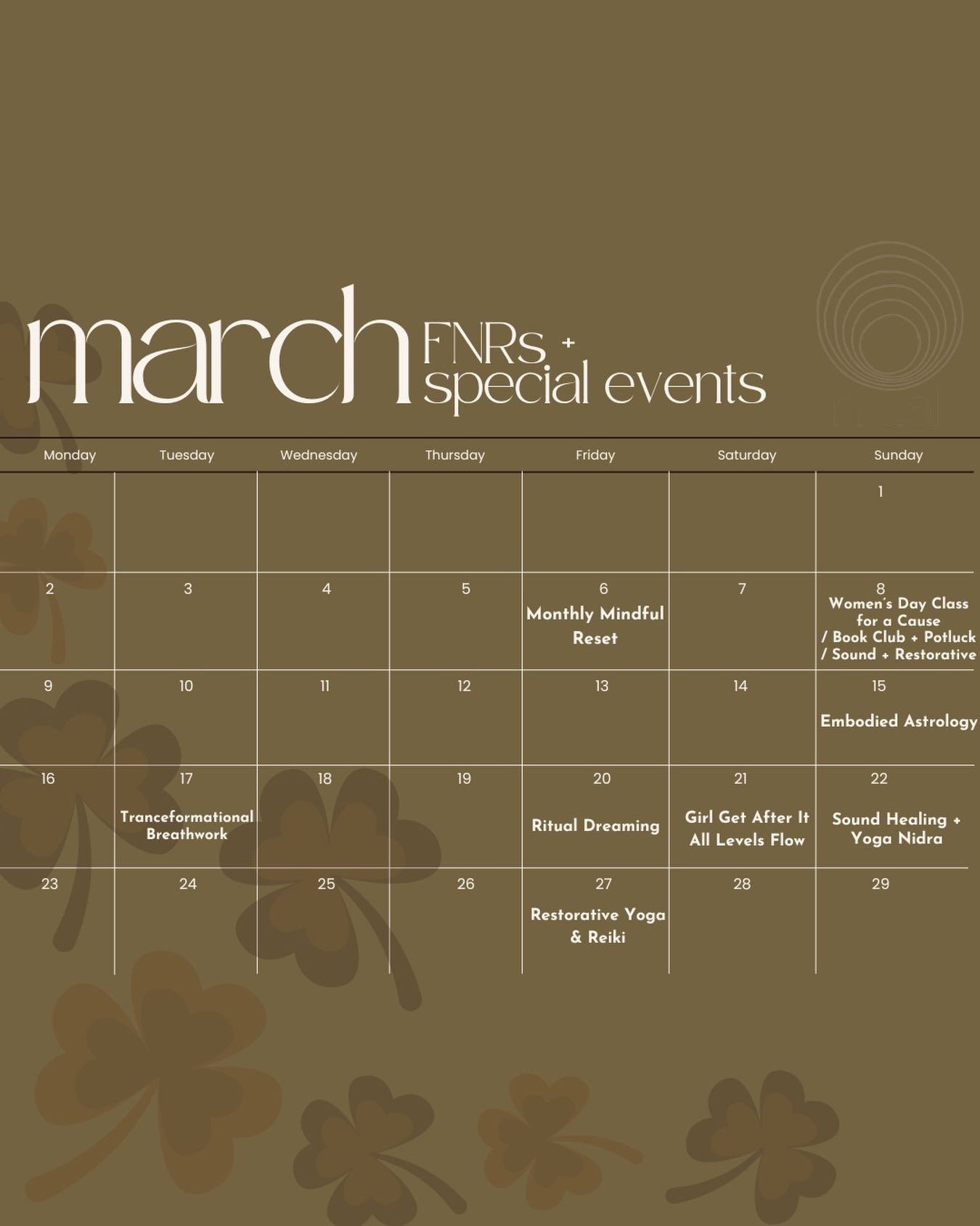 March at Ritual! ☘️

FNRs + special events all month long.

Which one is calling to you? Let us know in the comments below&hellip;

#yoga #march #fridaynightritual #specialevents #ritual