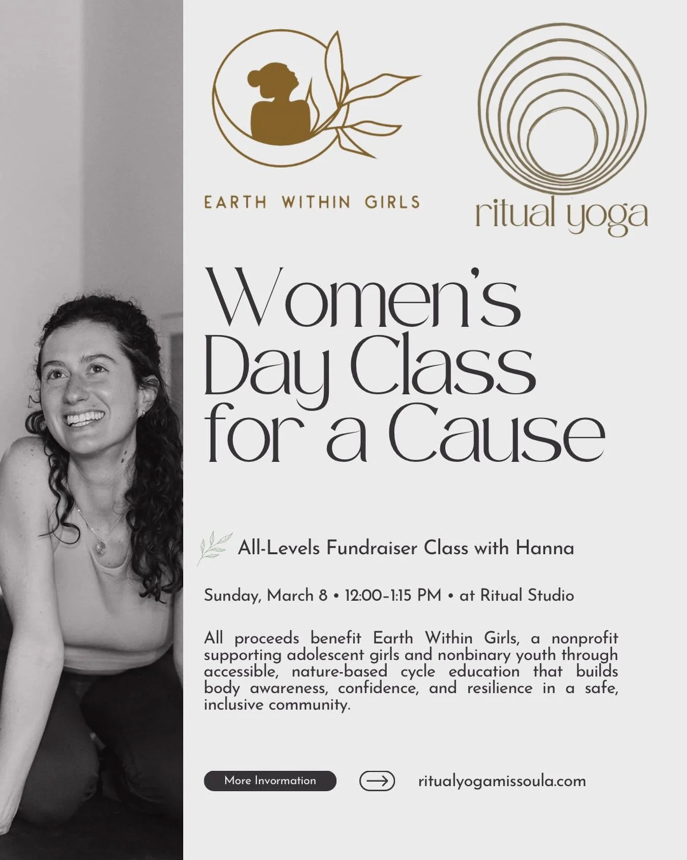 Celebrate Women&rsquo;s Day with us! 🦋

Join Hanna for an All-Levels Fundraiser Class this Sunday, March 8 from 12-1:15pm at the Ritual studio.

All proceeds go to @earthwithingirls , supporting adolescent girls and non-binary youth with nature-base