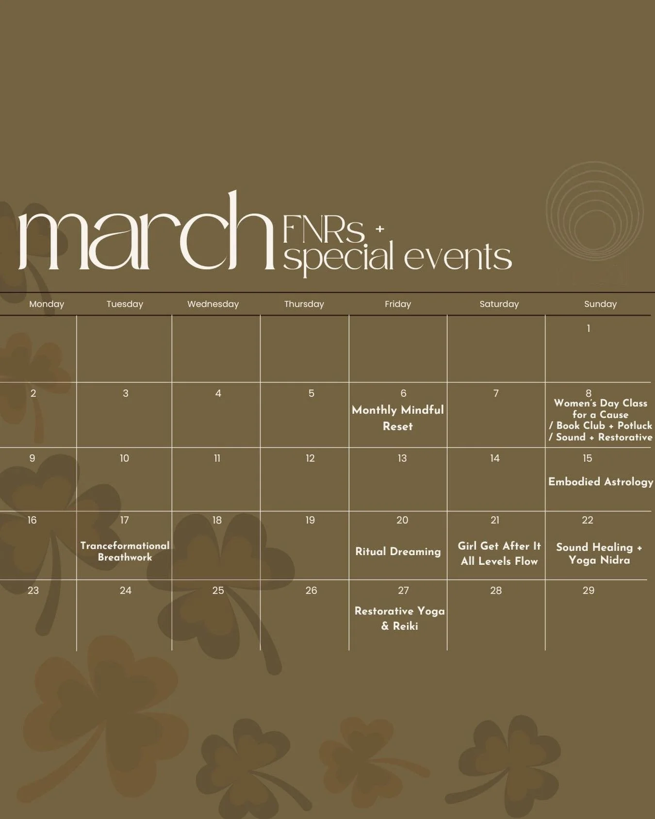 March at Ritual! ☘️

FNRs + special events all month long.

Which one is calling to you? Let us know in the comments below&hellip;

#yoga #march #fridaynightritual #specialevents #ritual