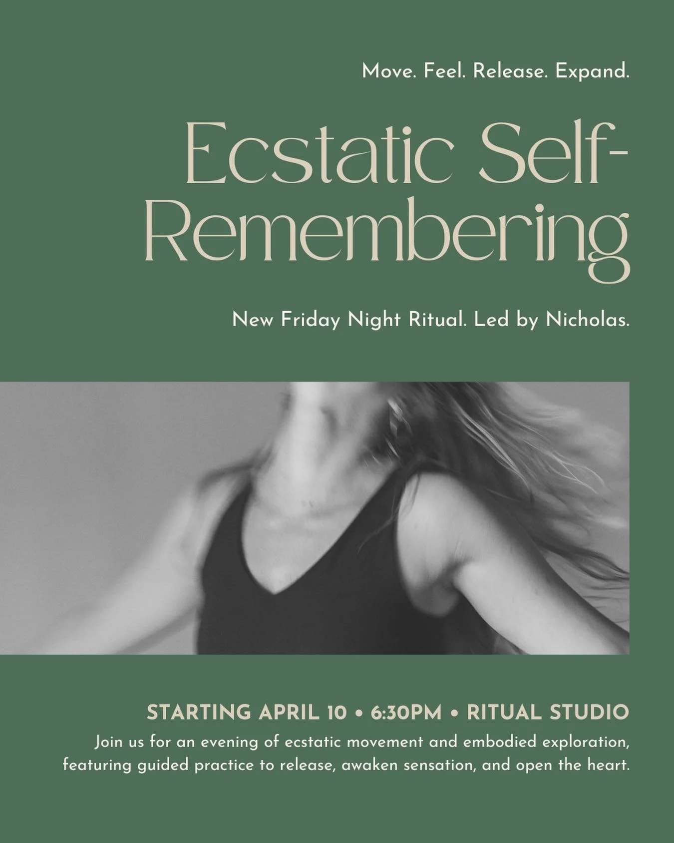 Something new is unfolding on Friday nights ✨

Our first Ecstatic Self-Remembering with @nicholas.greenlund begins next Friday, April 10 at 6:30pm - an evening to move, feel, and come back into deeper relationship with your body.

This is a space to 