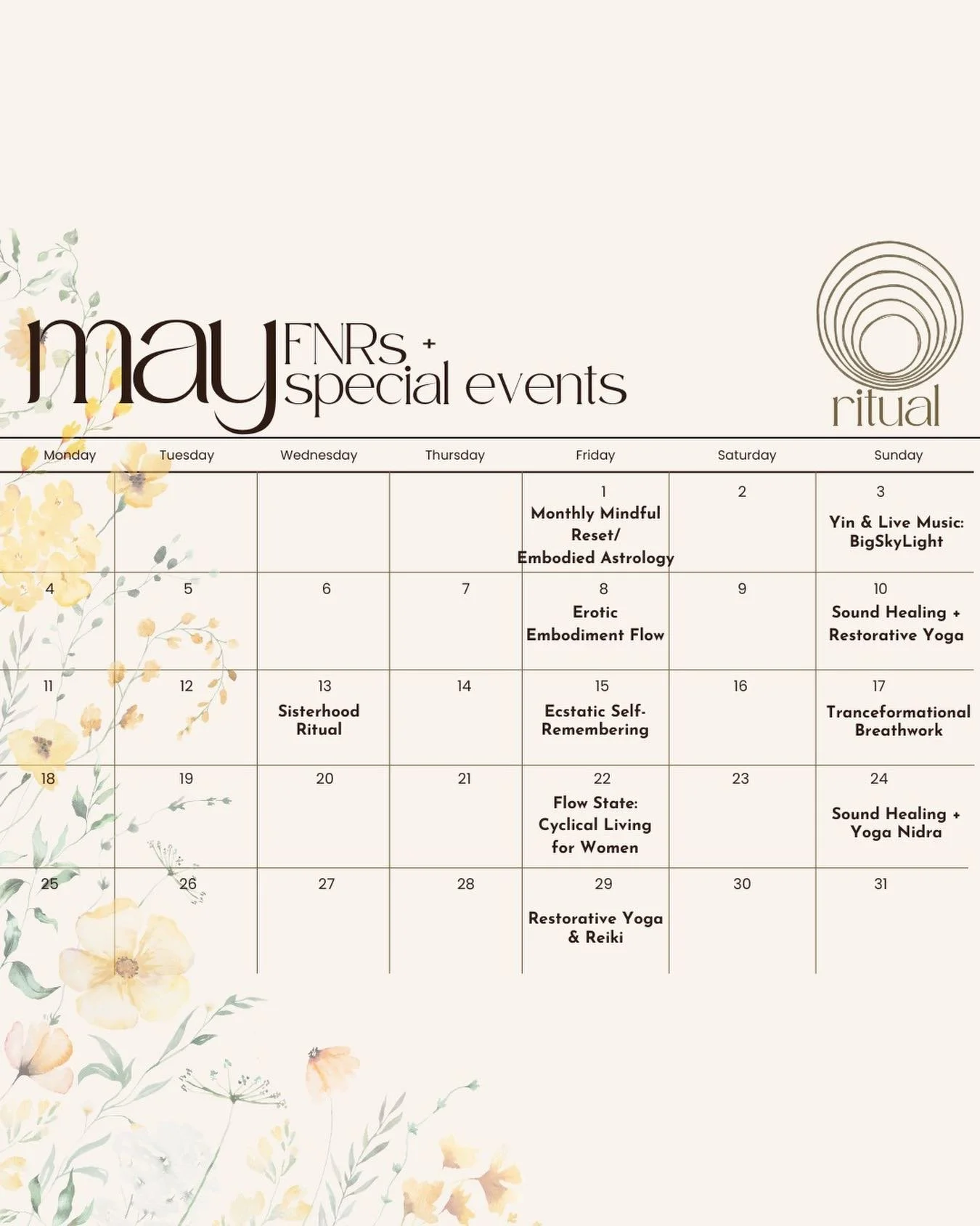 Happy Beltane 🌿✨

May at Ritual unfolds with a calendar of FNRs + special events - an invitation to move, gather, and come back into your body with the rhythm of the season.

Which offering are you stepping into this month?

#yoga #yogastudio #belta