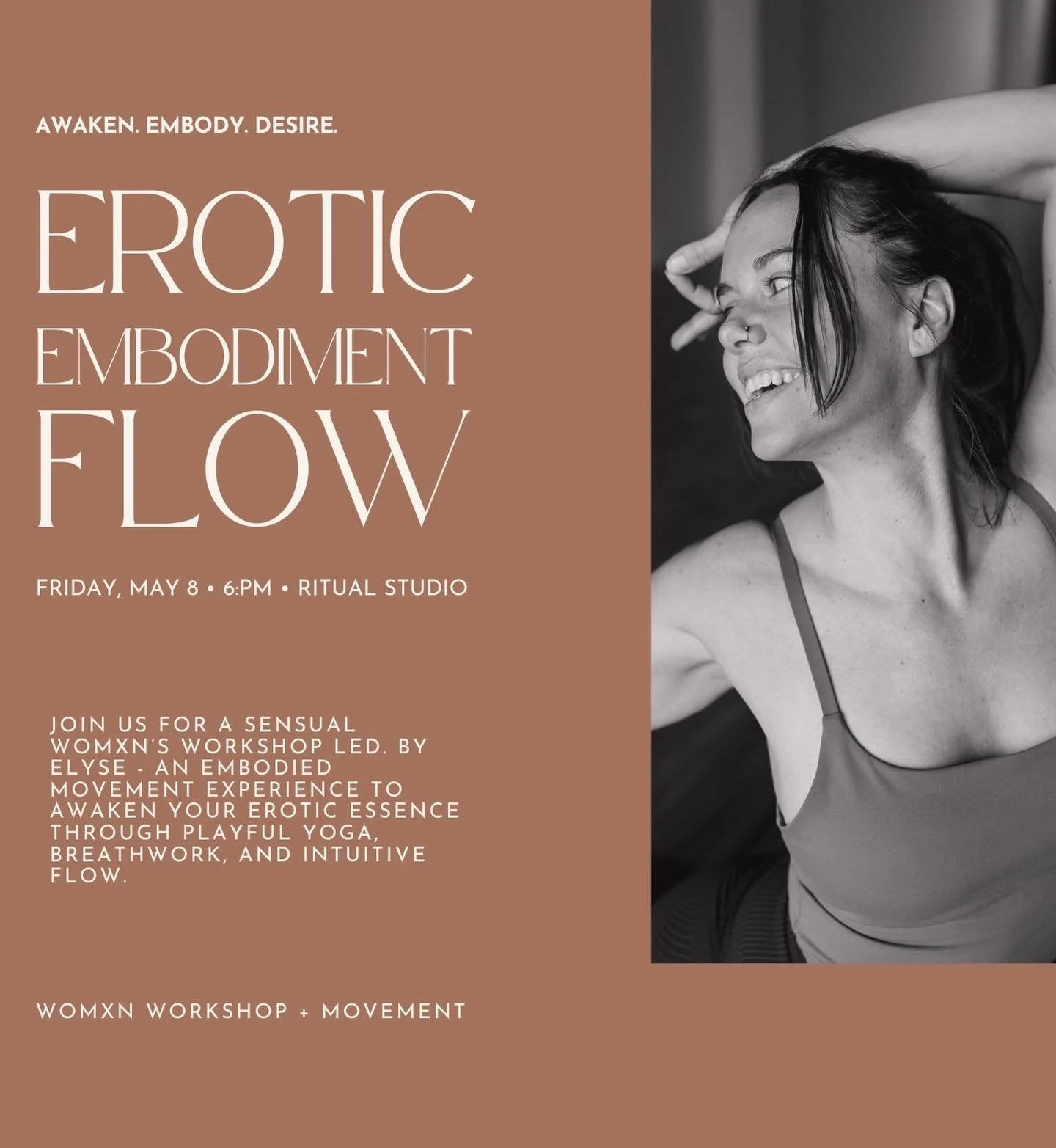 Erotic Embodiment Flow 💋

Join us tomorrow night at Ritual for a sensual movement experience led by @elyse.pare designed to awaken your erotic essence through playful yoga, intuitive movement, breathwork, and self-touch.

Expect grounding, softness,