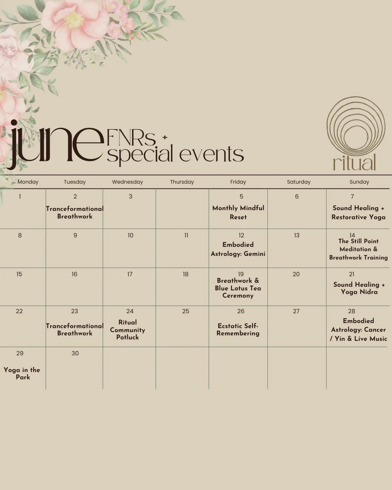 June at Ritual! 🦋

We&rsquo;re grateful to share a month full of opportunities to practice, connect, and gather in community at Ritual. From Friday Night Rituals + special events to Yoga in the Park, this season is filled with ways to move, learn, a