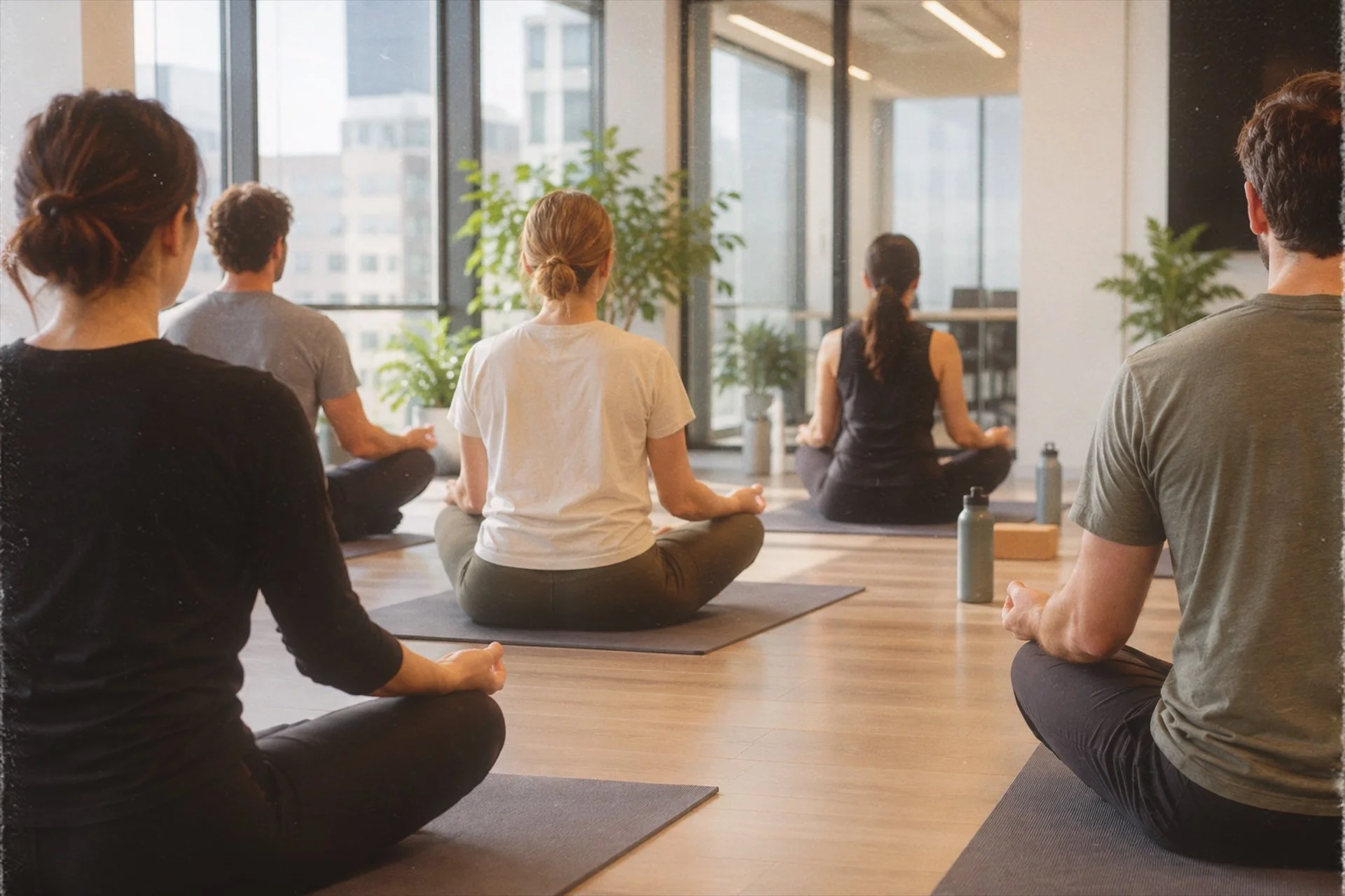 Group of people meditating on yoga mats in a bright office studio.