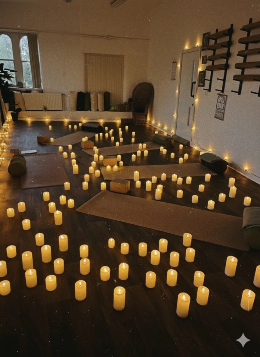 Cozy yoga studio with mats, bolsters, and a floor full of glowing candles arranged across a dark wood floor.