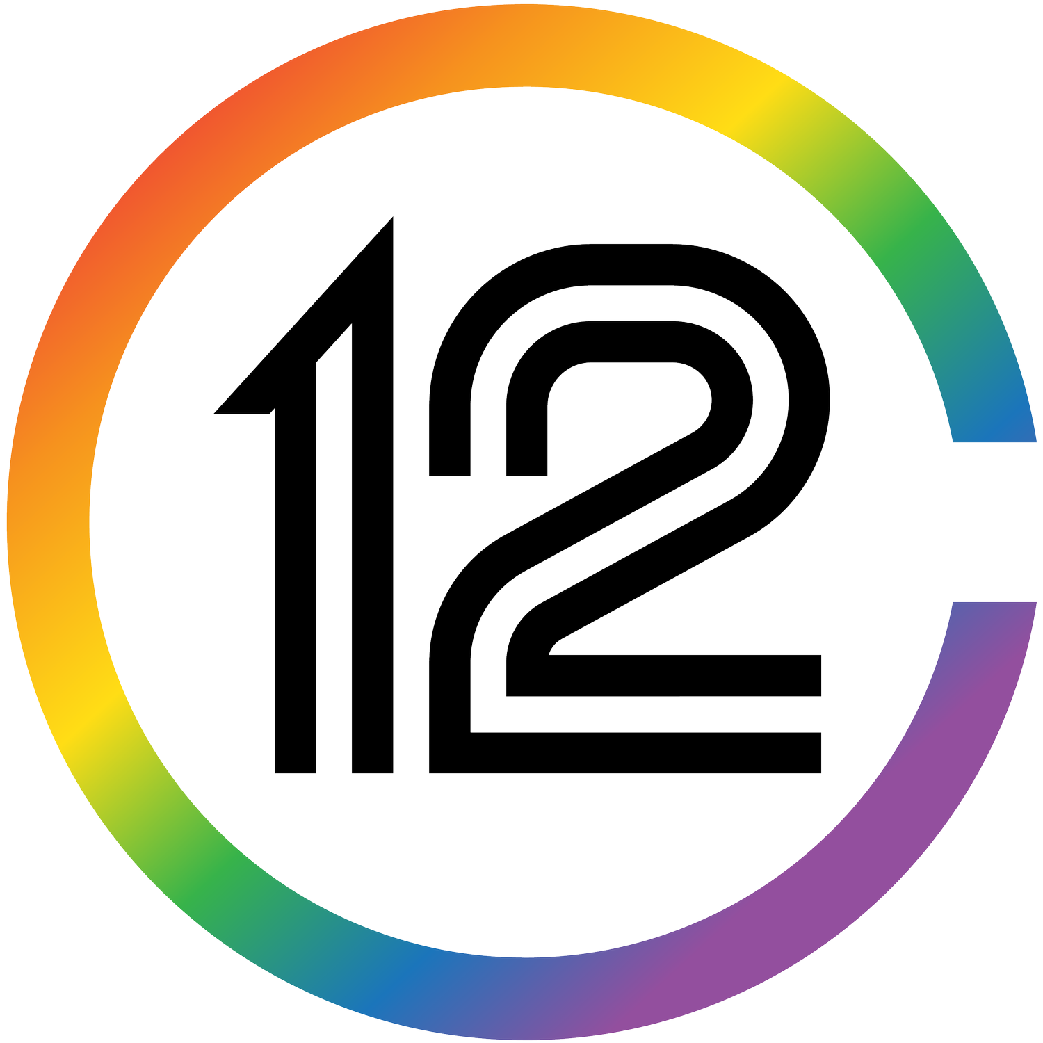 Number 12 in black with a rainbow-colored arc around it.