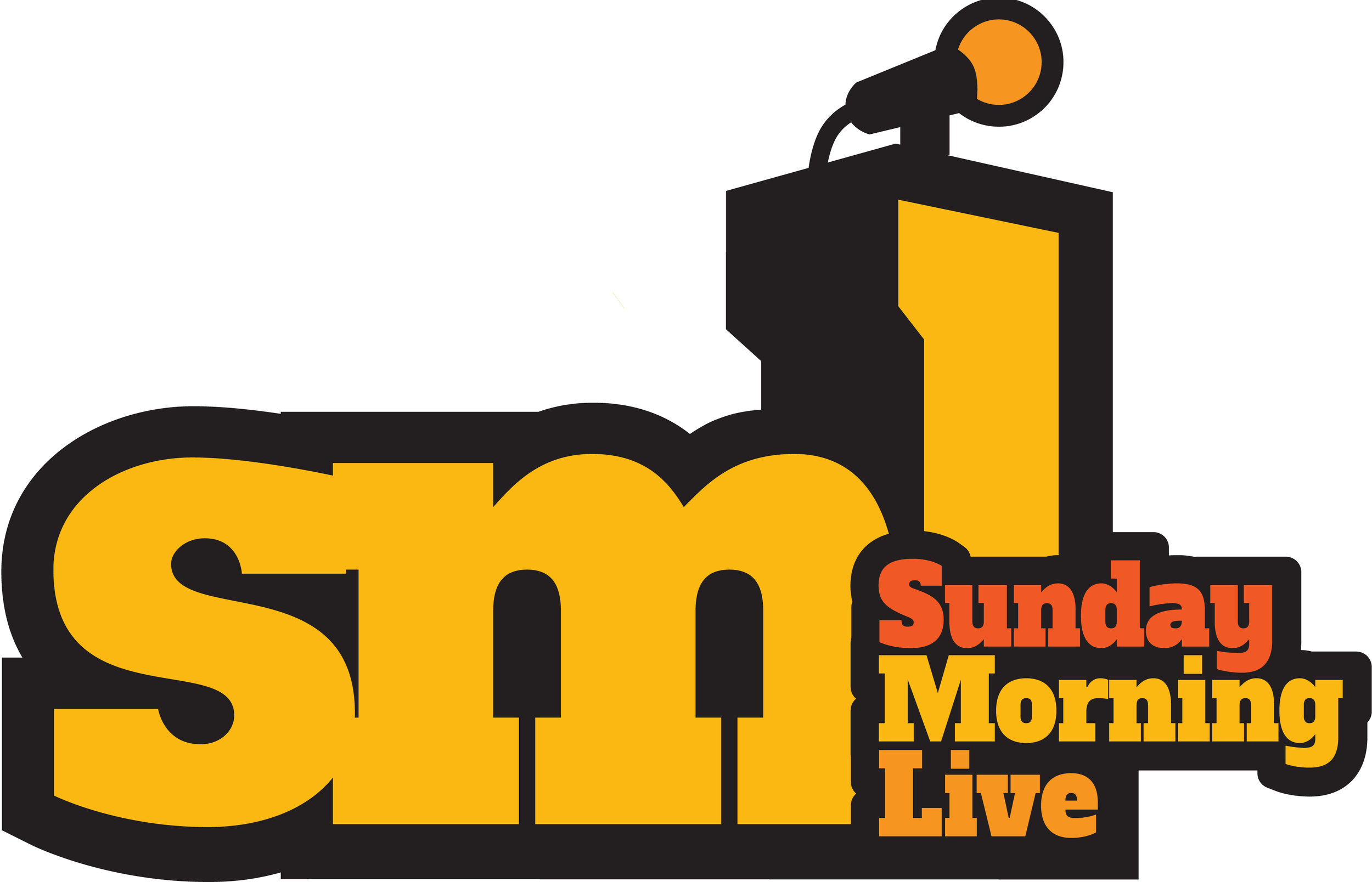 Graphic with bold yellow and black text, including a stylized train and a spotlight, advertising a Sunday morning live event.