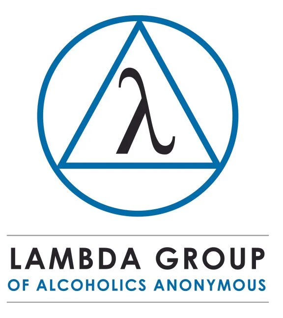 Logo of Lambda Group of Alcoholics Anonymous with a triangle and lambda symbol inside a circle, and the text "LAMBDA GROUP OF ALCOHOLICS ANONYMOUS" underneath.