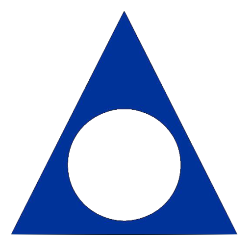 A blue triangle with a circular cutout in the center.