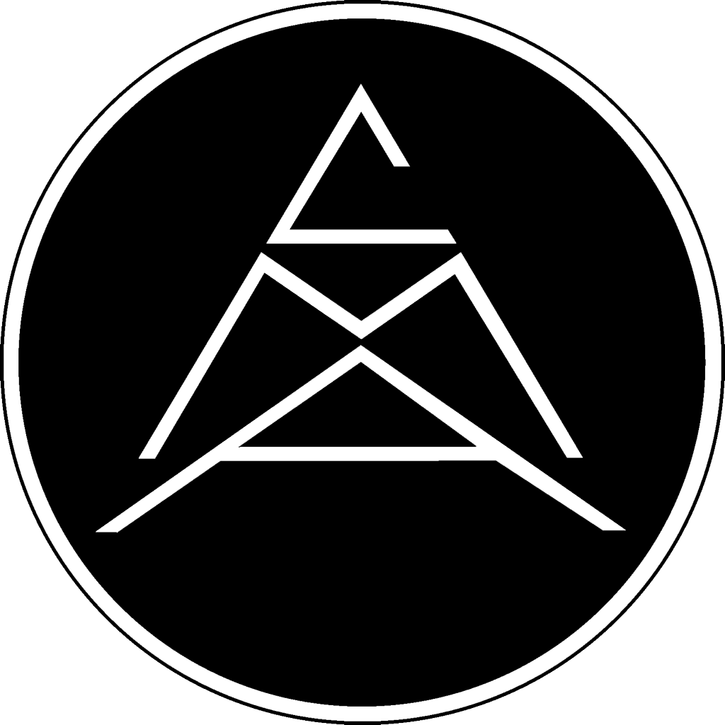 A black circular logo with a white geometric design resembling an abstract mountain or pyramid with interconnected lines.