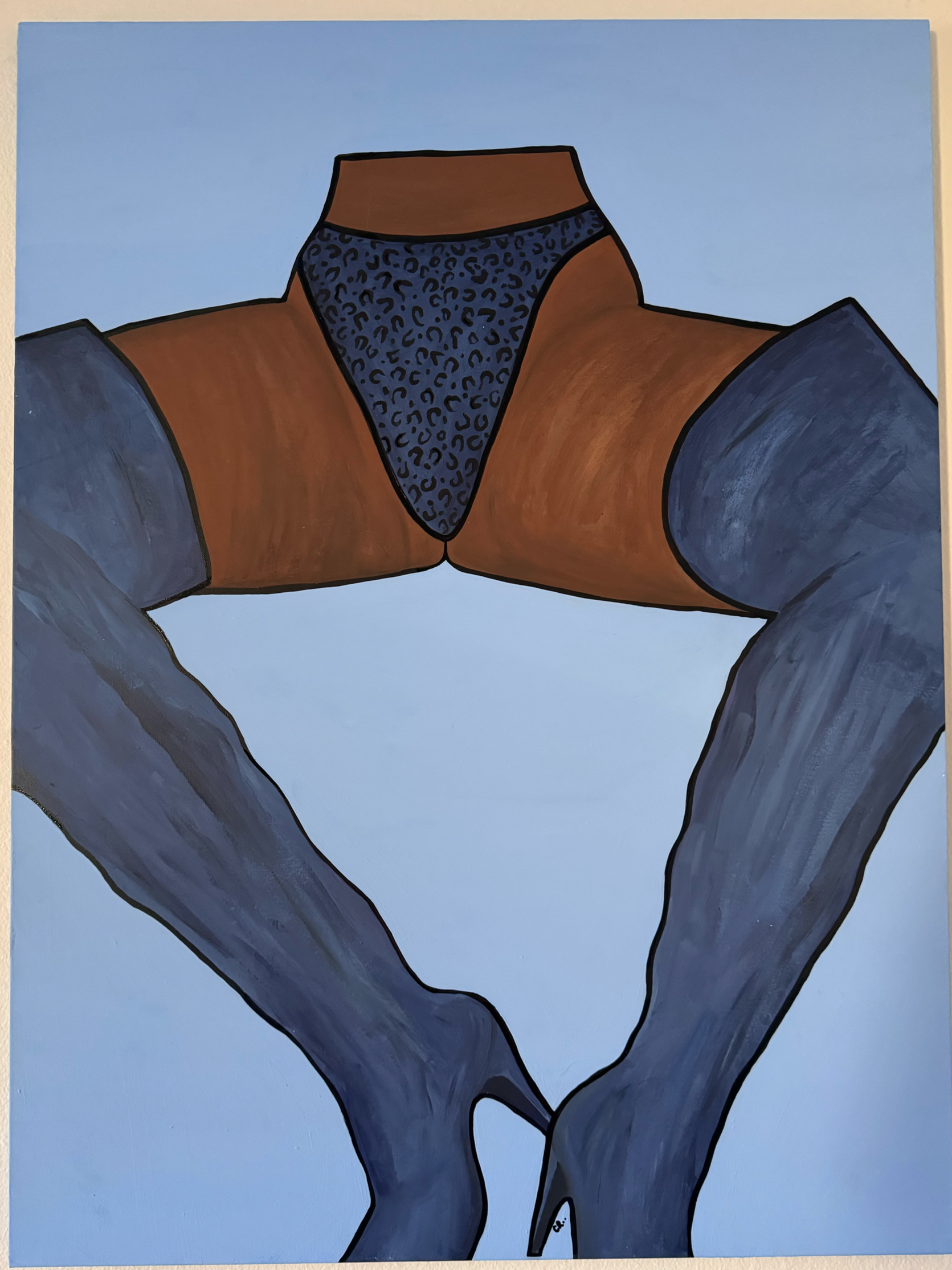 A painting of a human body from the waist down, featuring brown skin, in underwear with a leopard print pattern, and dark gray leggings. by corrine rogers