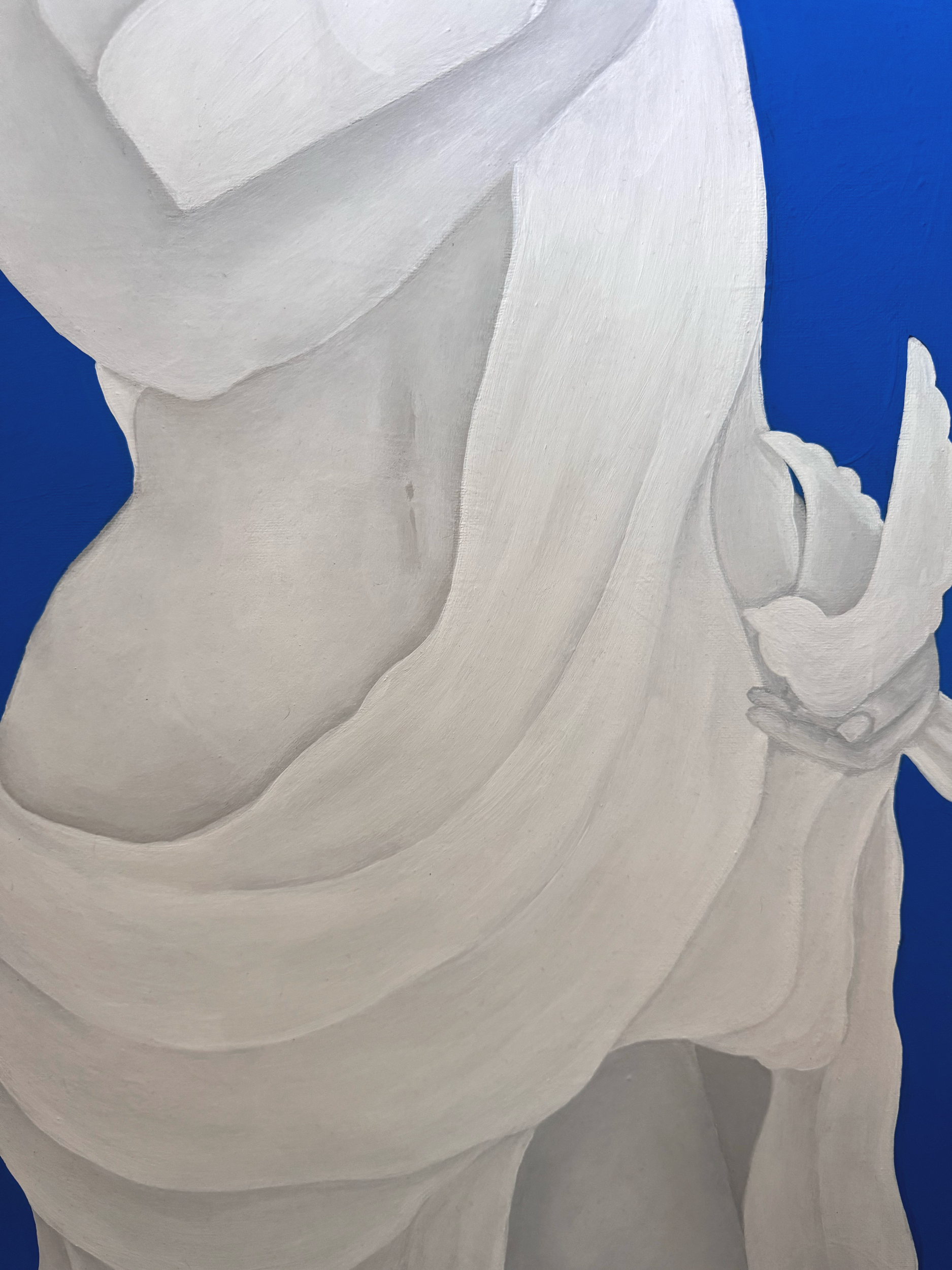 Close-up of a painted depiction of a nude woman's torso with a white flower in her hand, set against a blue background. by corrine rogers